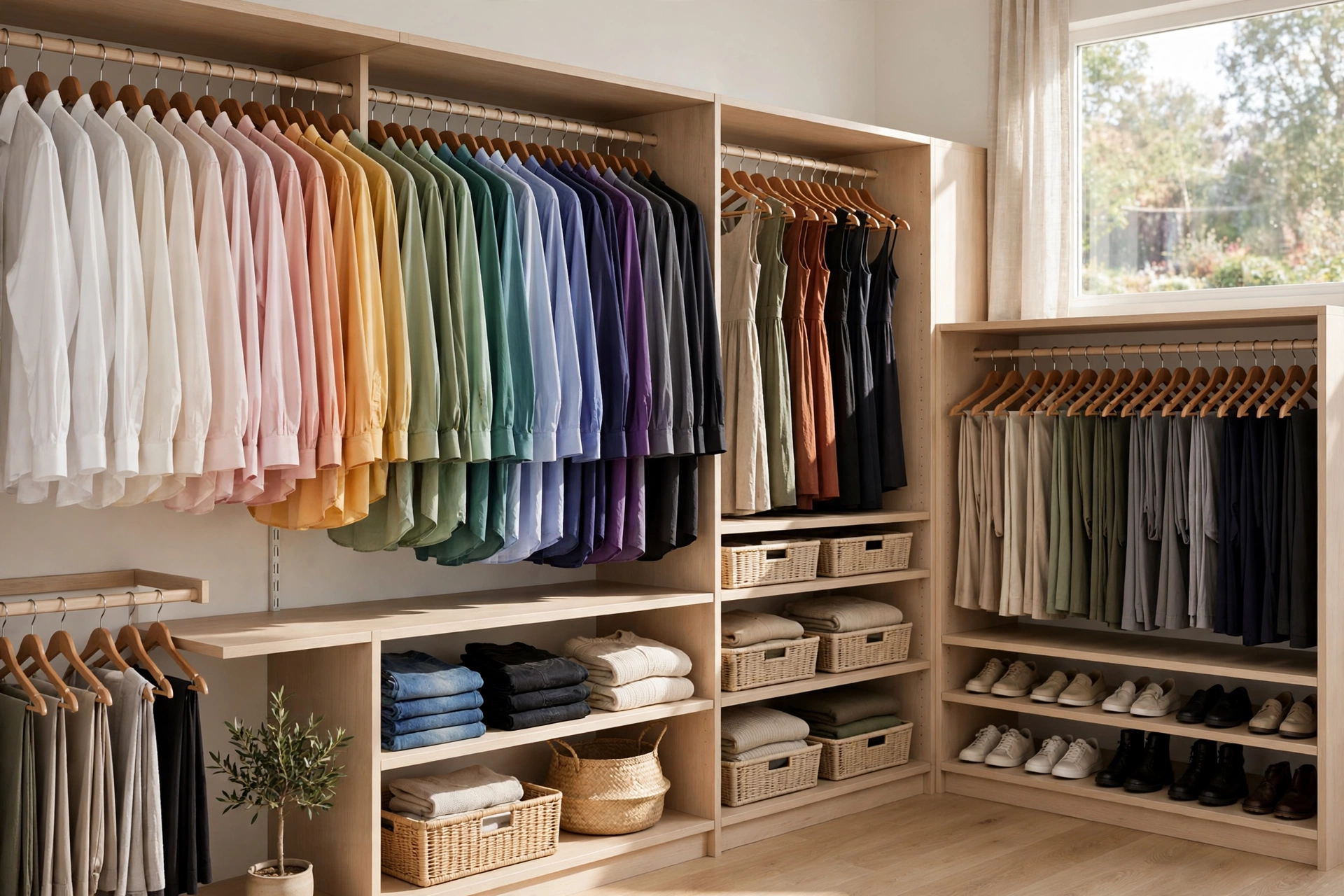 Walk-in closet organized by category and color with matching wooden hangers