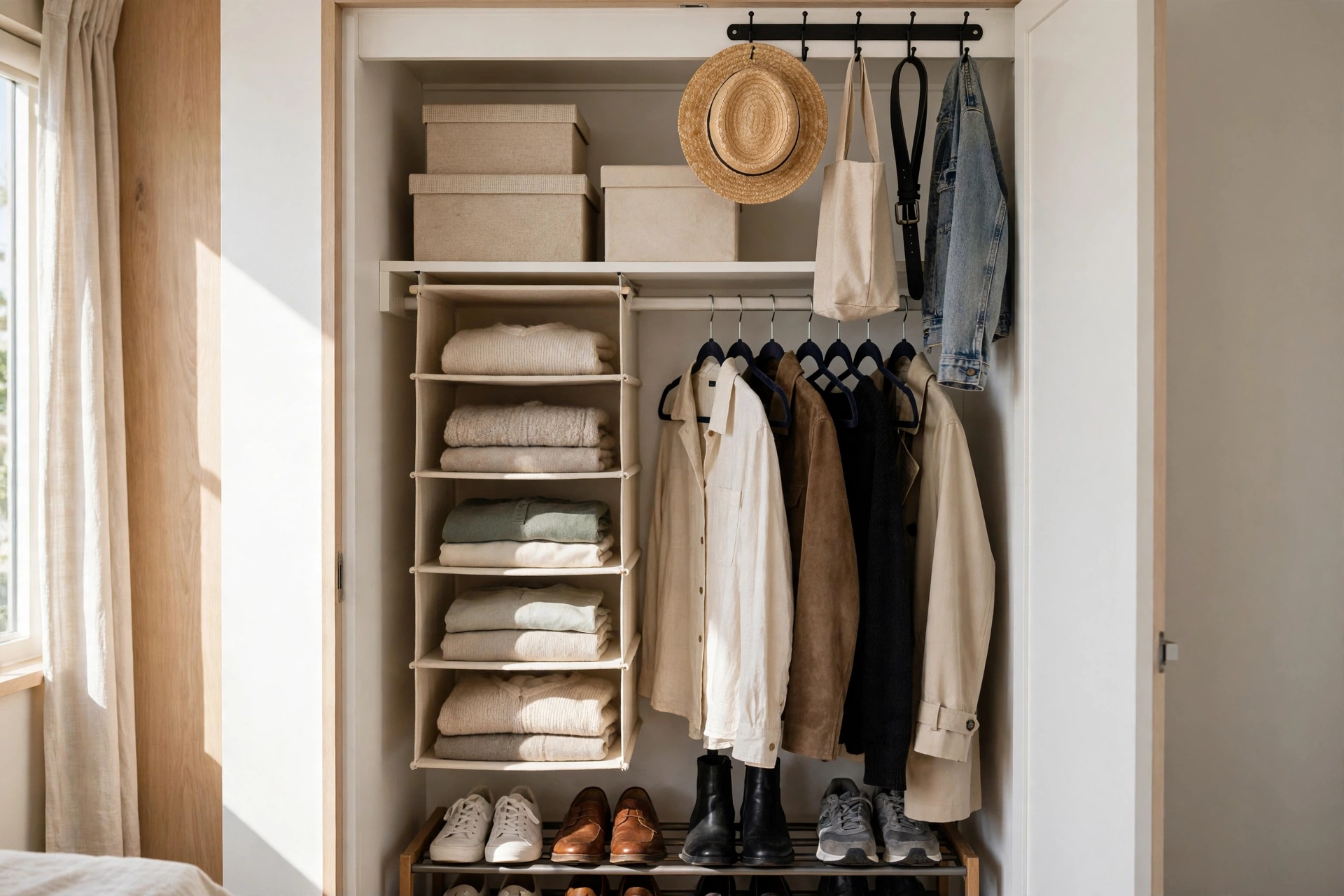 Small closet maximized with smart storage solutions like slim hangers, stacking boxes and a hanging organizer