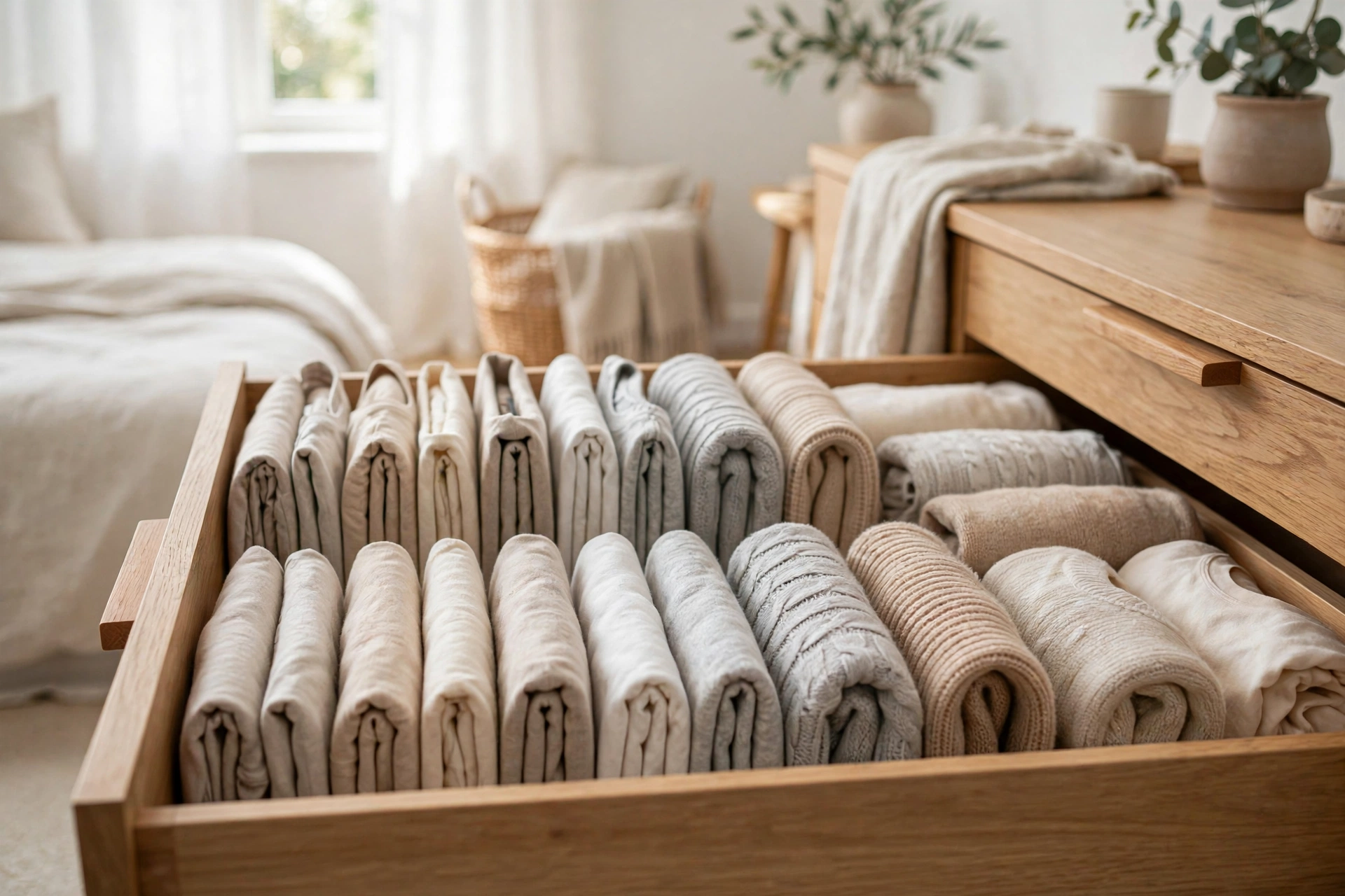 Dresser drawer with clothes file-folded upright in neat visible rows