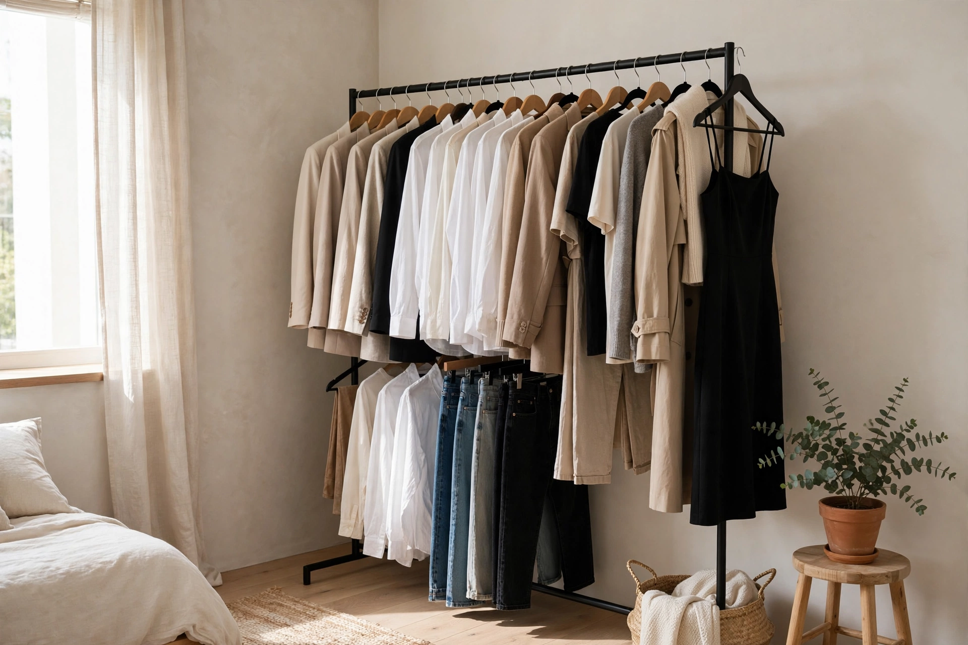 Curated capsule wardrobe clothing rack with versatile neutral pieces in a minimalist bedroom
