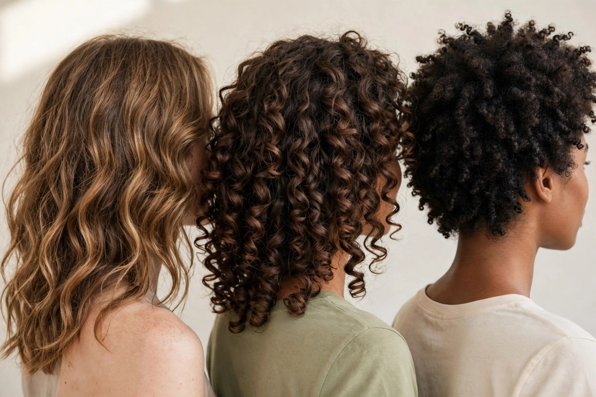 Three women showing different curl types — loose waves, spiral curls, and tight coils