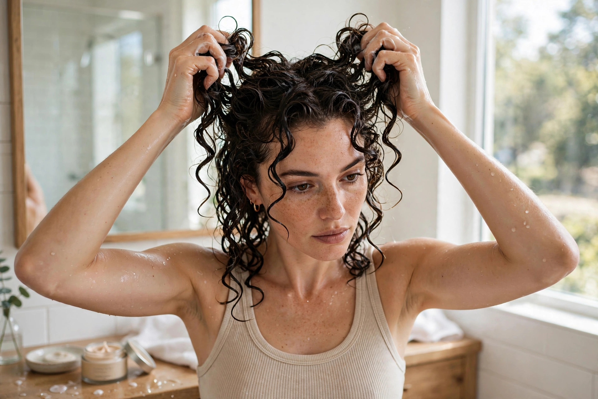 Woman applying curl cream and scrunching her wet curls upward to form defined curl clumps
