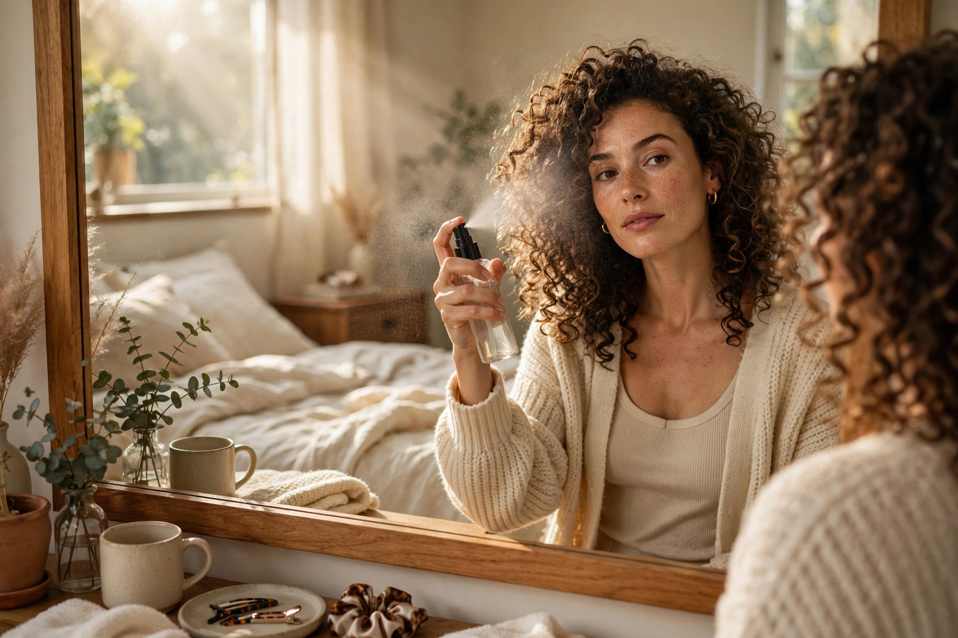 Woman refreshing her day-two curls with a light mist of water from a spray bottle