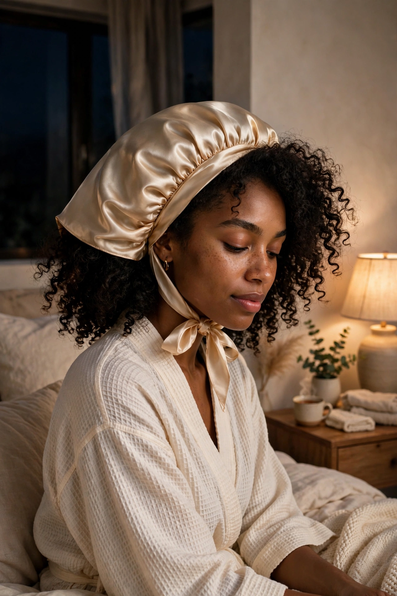 Woman wearing a silk bonnet in a softly lit bedroom to protect her curls overnight