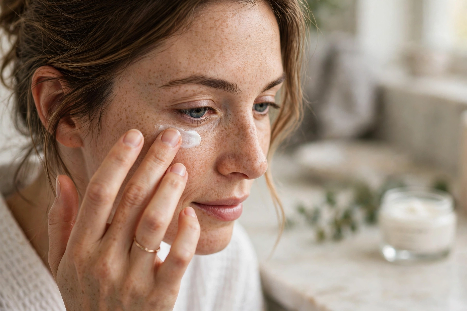 Woman gently applying eye cream under her eye with her ring finger