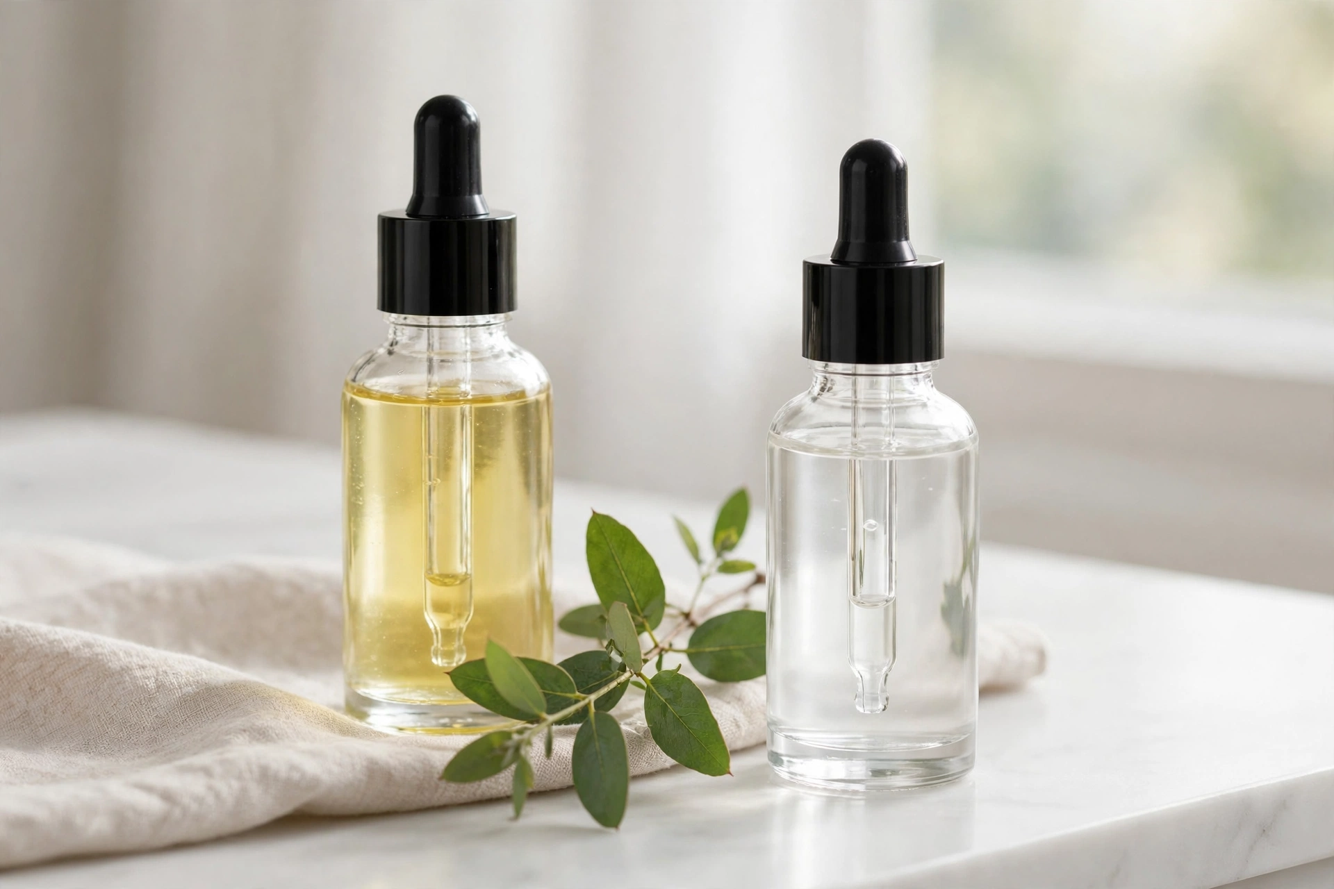 Vitamin C and niacinamide serum bottles with droppers on a bright vanity