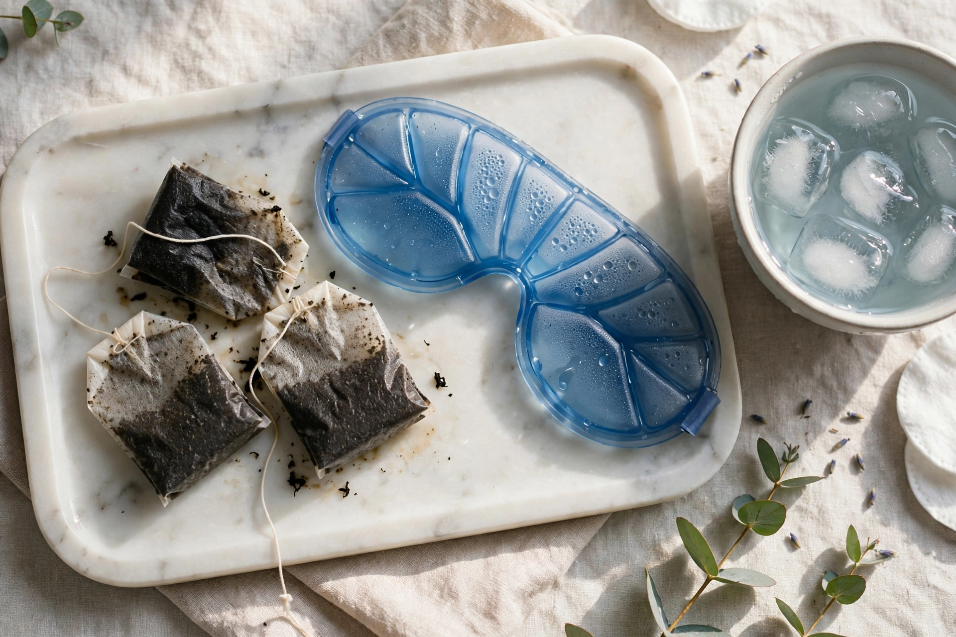 Used tea bags and a cold gel eye mask arranged as a home remedy for dark circles