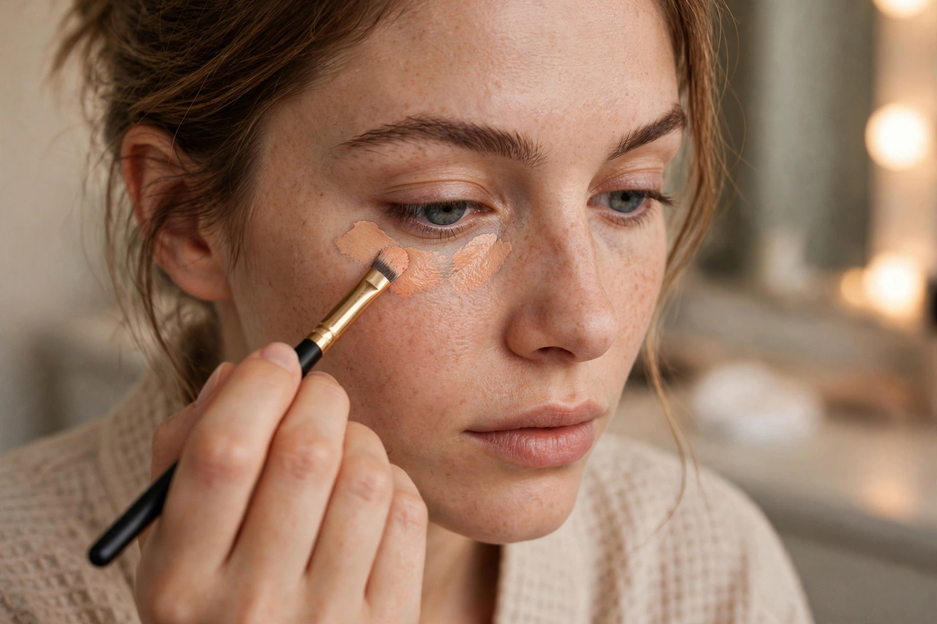 Woman applying peach color-correcting concealer under her eye with a makeup brush