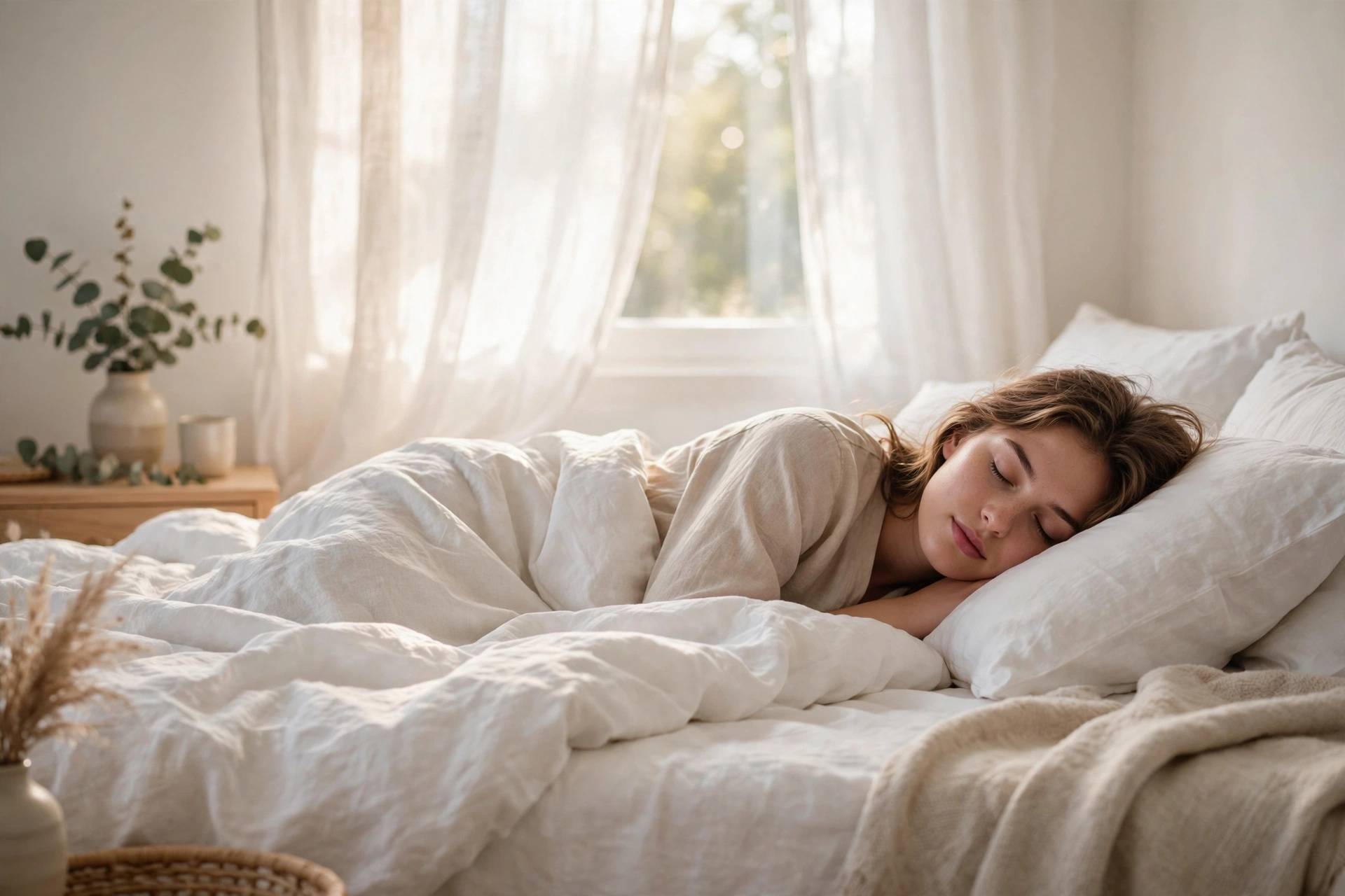 Woman sleeping peacefully in a bright bedroom with white linen bedding