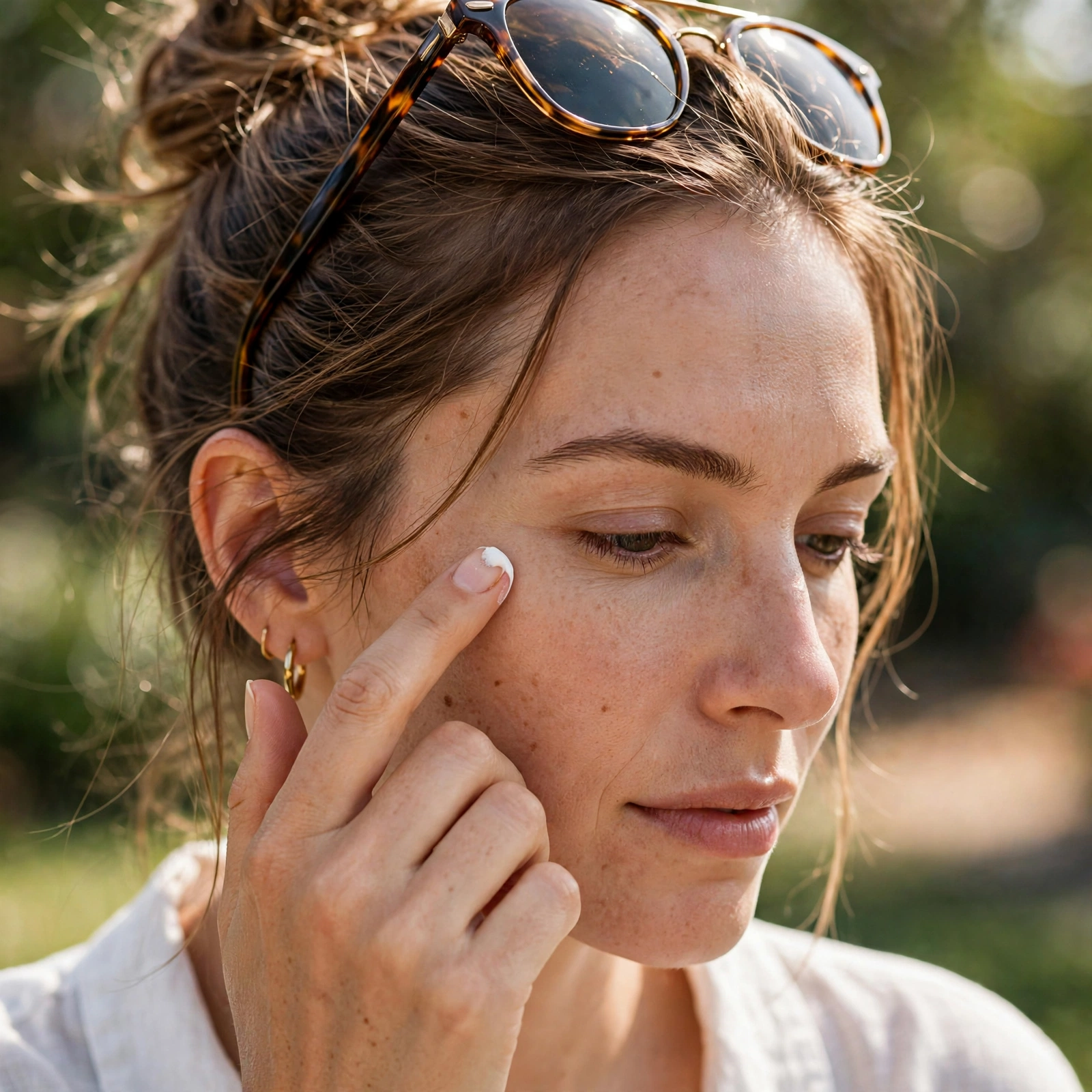 Woman applying sunscreen around her eye area with sunglasses pushed up on her head