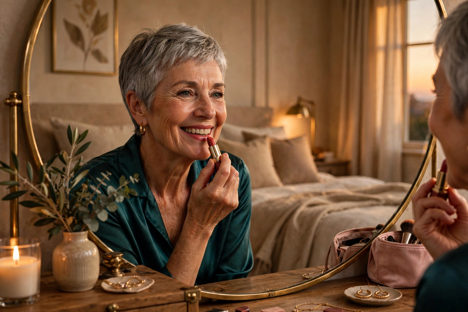 Confident woman in her 60s applying lipstick before a date night