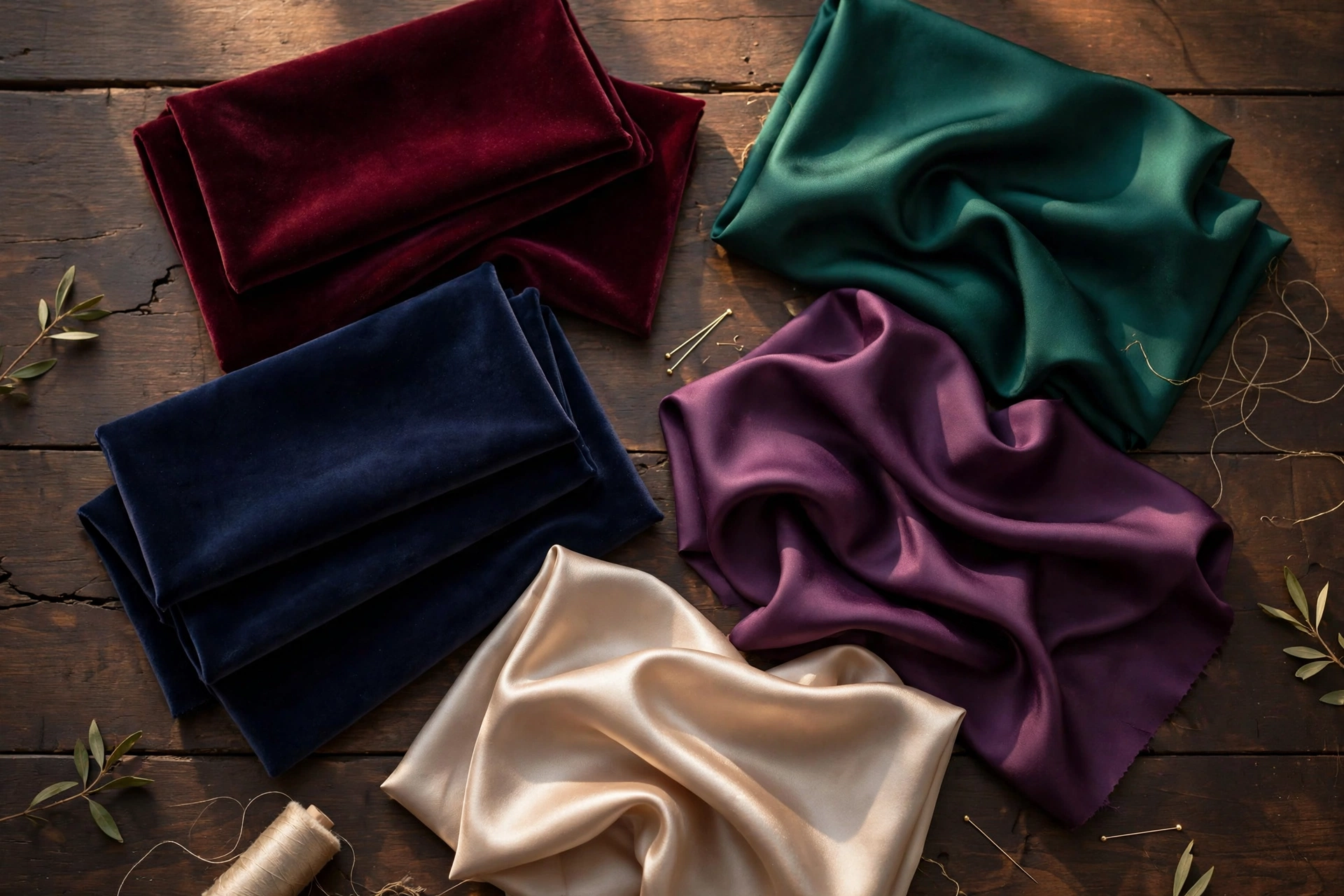 Evening fabrics in flattering date-night colors: burgundy, emerald, navy, plum and champagne
