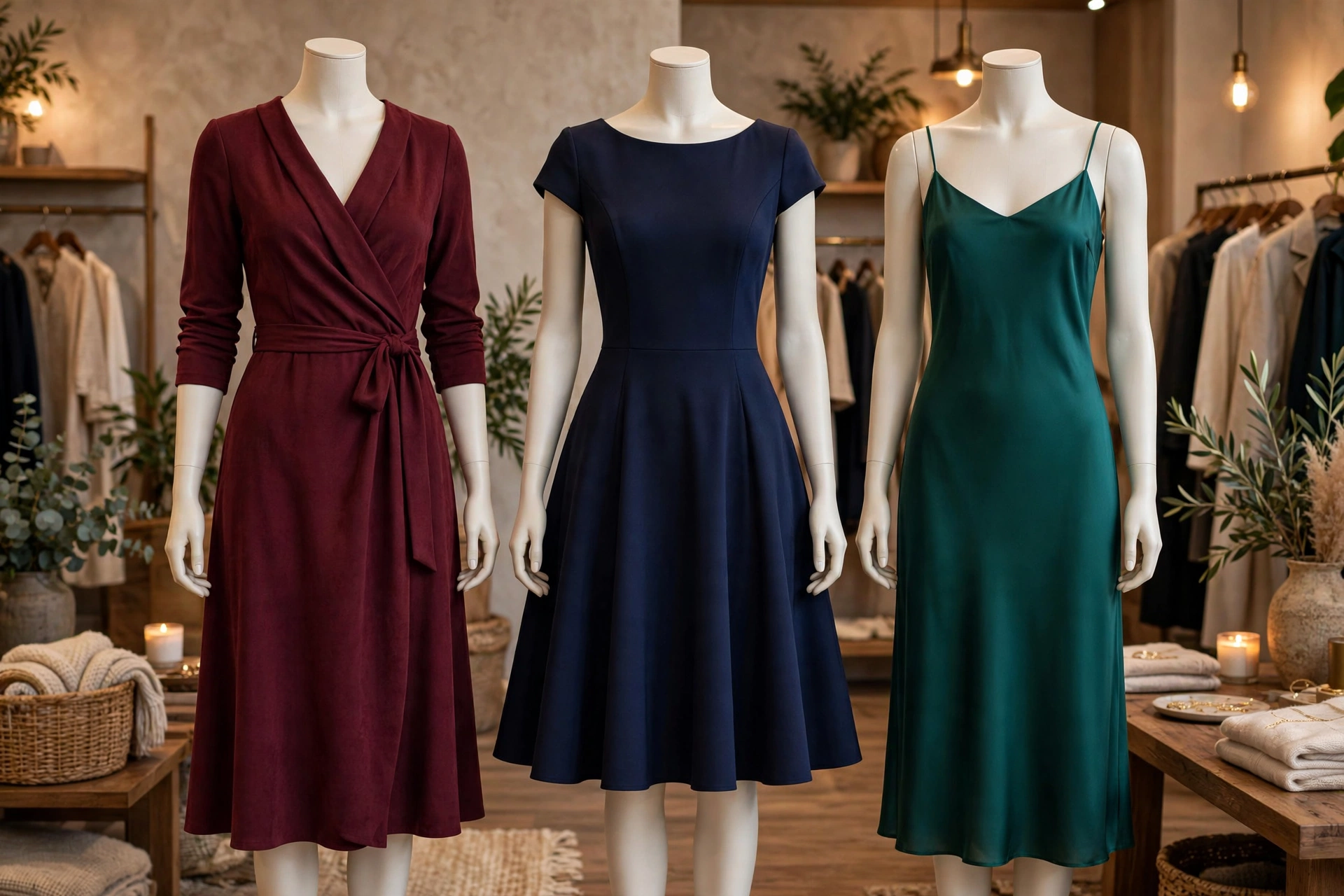 Flattering date-night dress silhouettes: wrap dress, fit-and-flare cocktail dress and slip dress