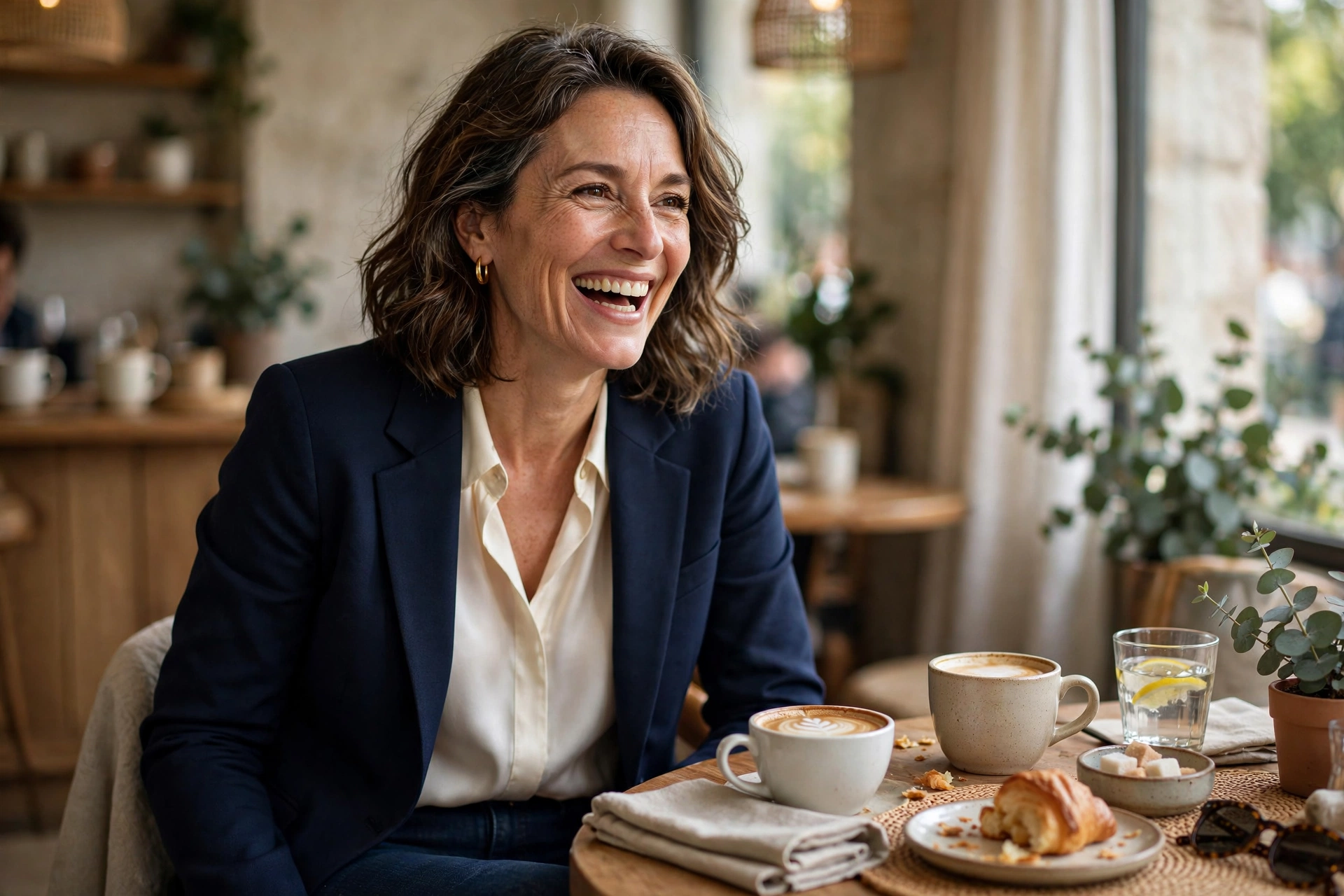 Stylish woman over 50 in a smart-casual date outfit at a cozy café