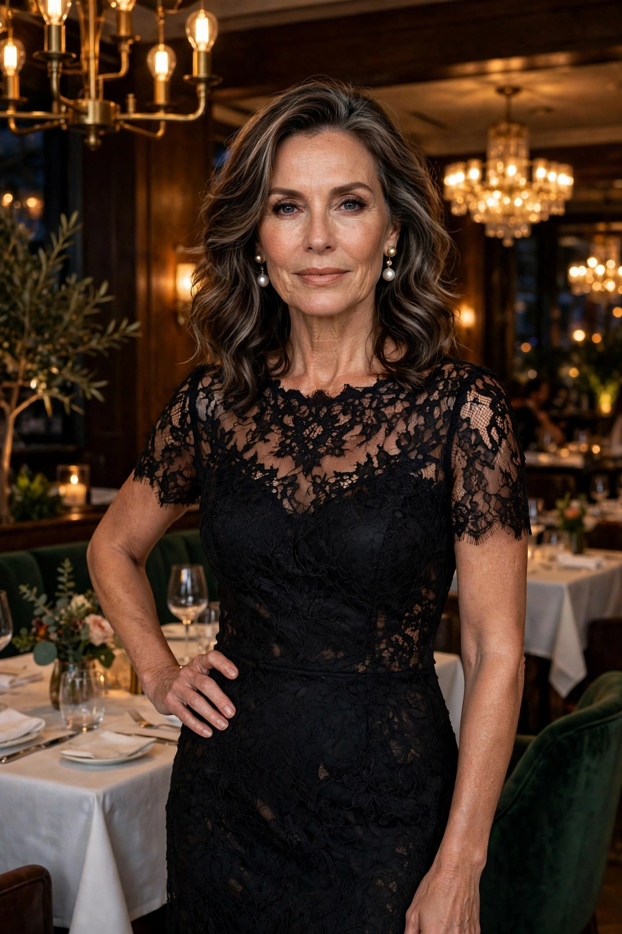 Elegant woman over 50 in a black lace cocktail dress at an upscale restaurant