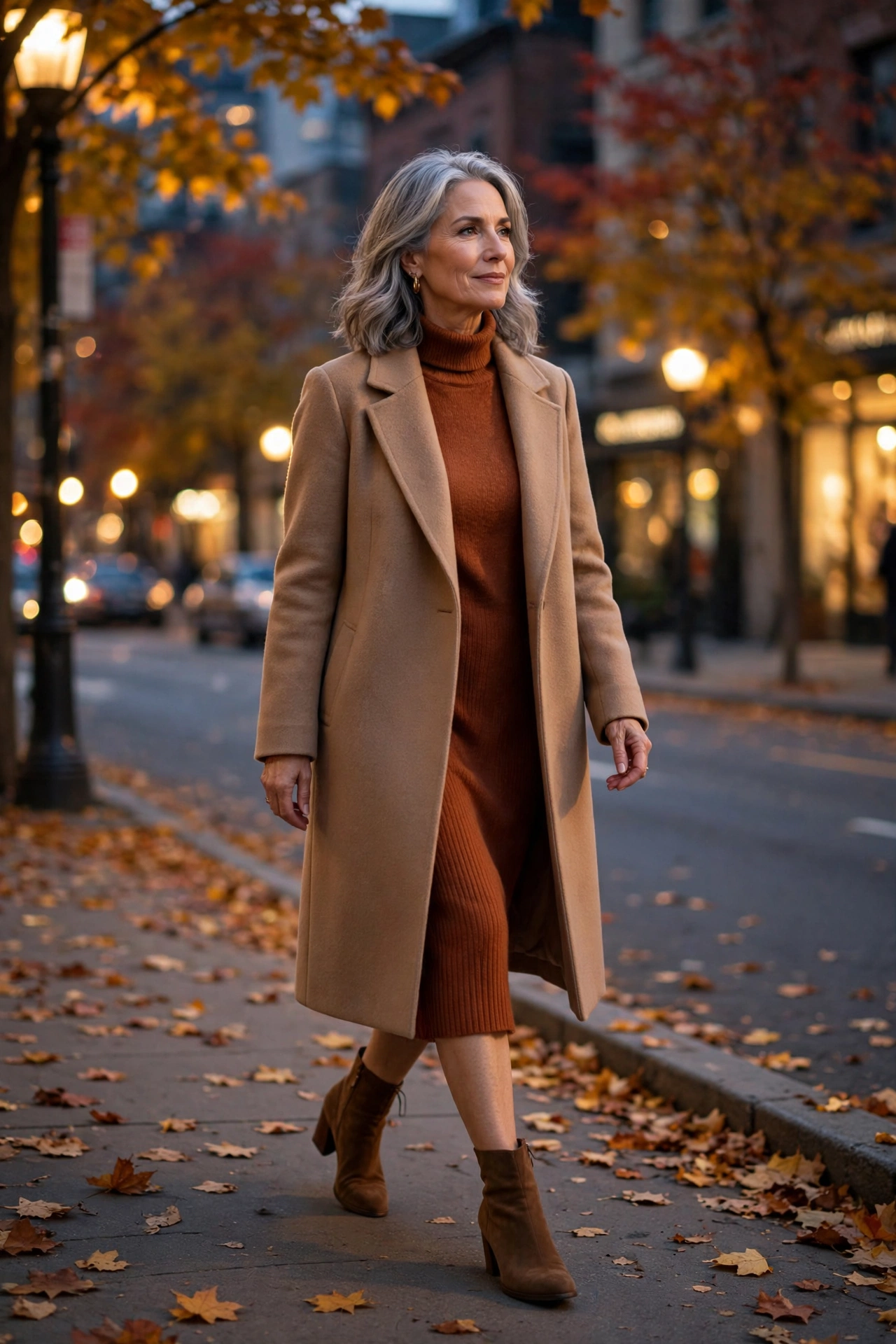 Woman over 50 in a chic autumn date-night outfit on a city street at dusk
