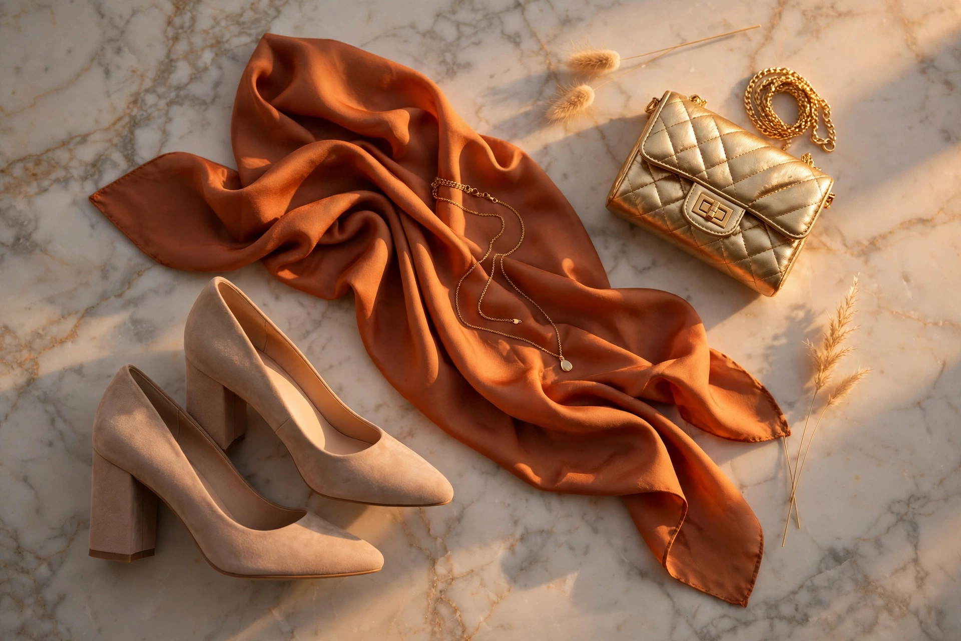 Date-night accessories: nude heels, gold clutch, delicate necklace and silk scarf