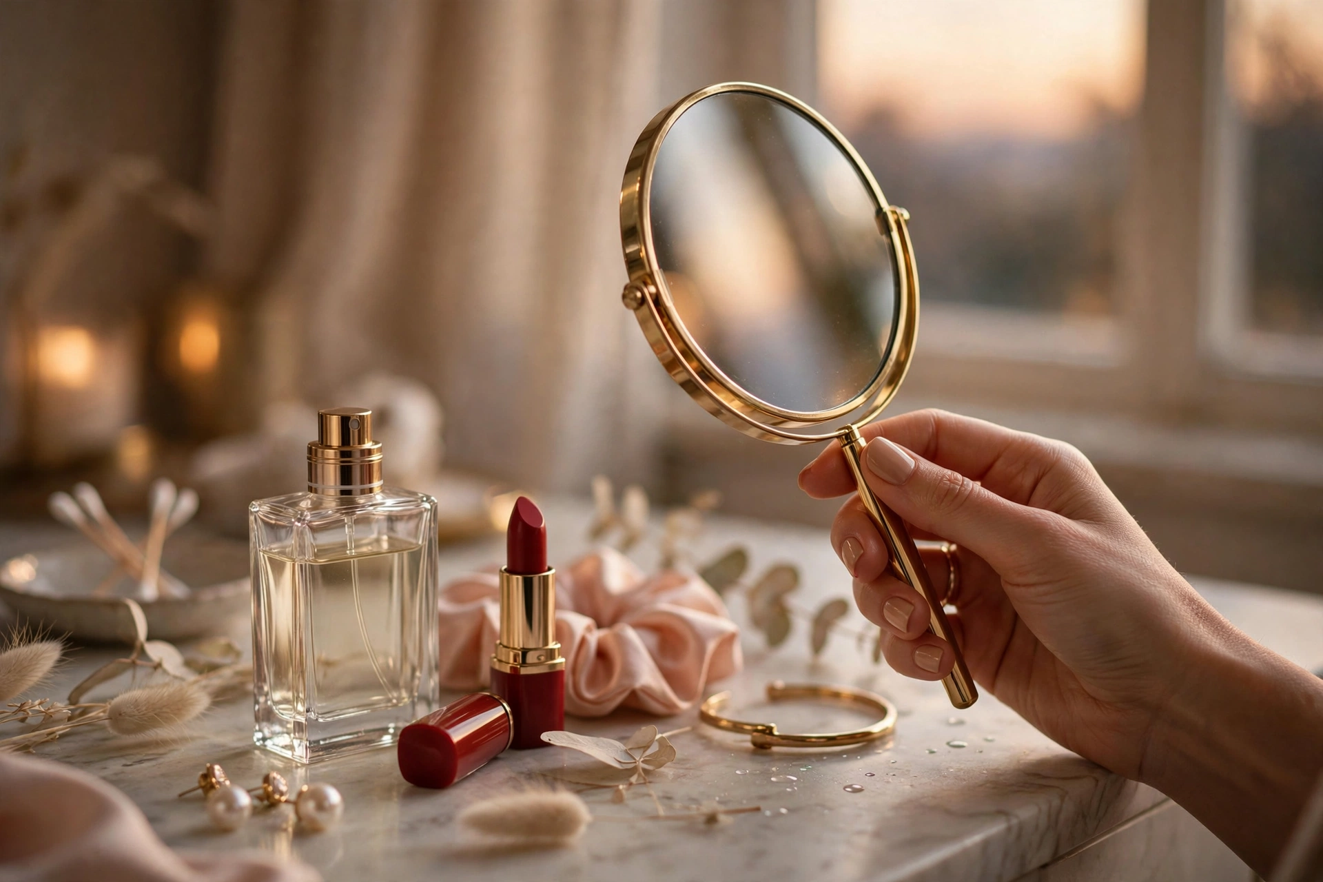 Elegant grooming details: perfume, lipstick and manicured nails on a vanity