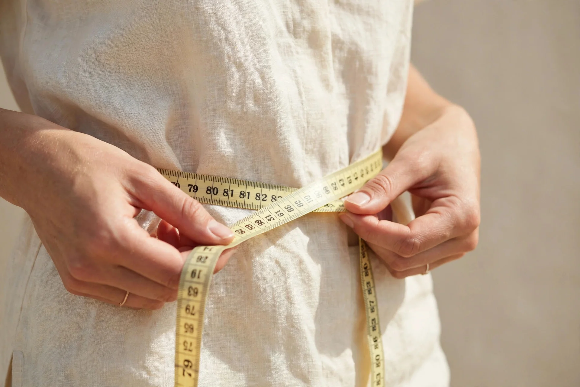 Woman measuring her waist with a soft tape measure to determine her body shape