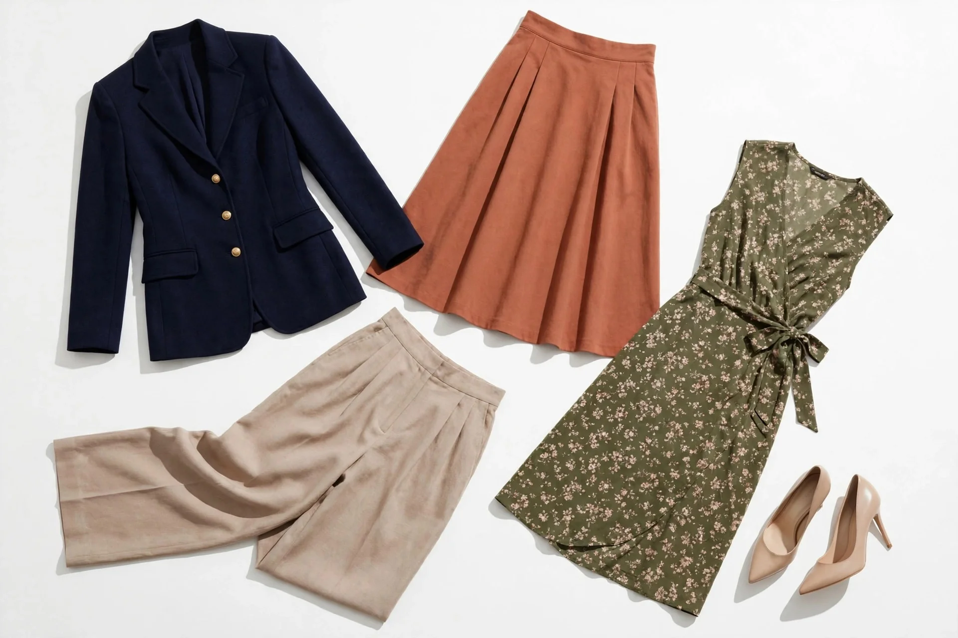 Flat lay of an A-line skirt, structured blazer, wide-leg trousers and a wrap dress
