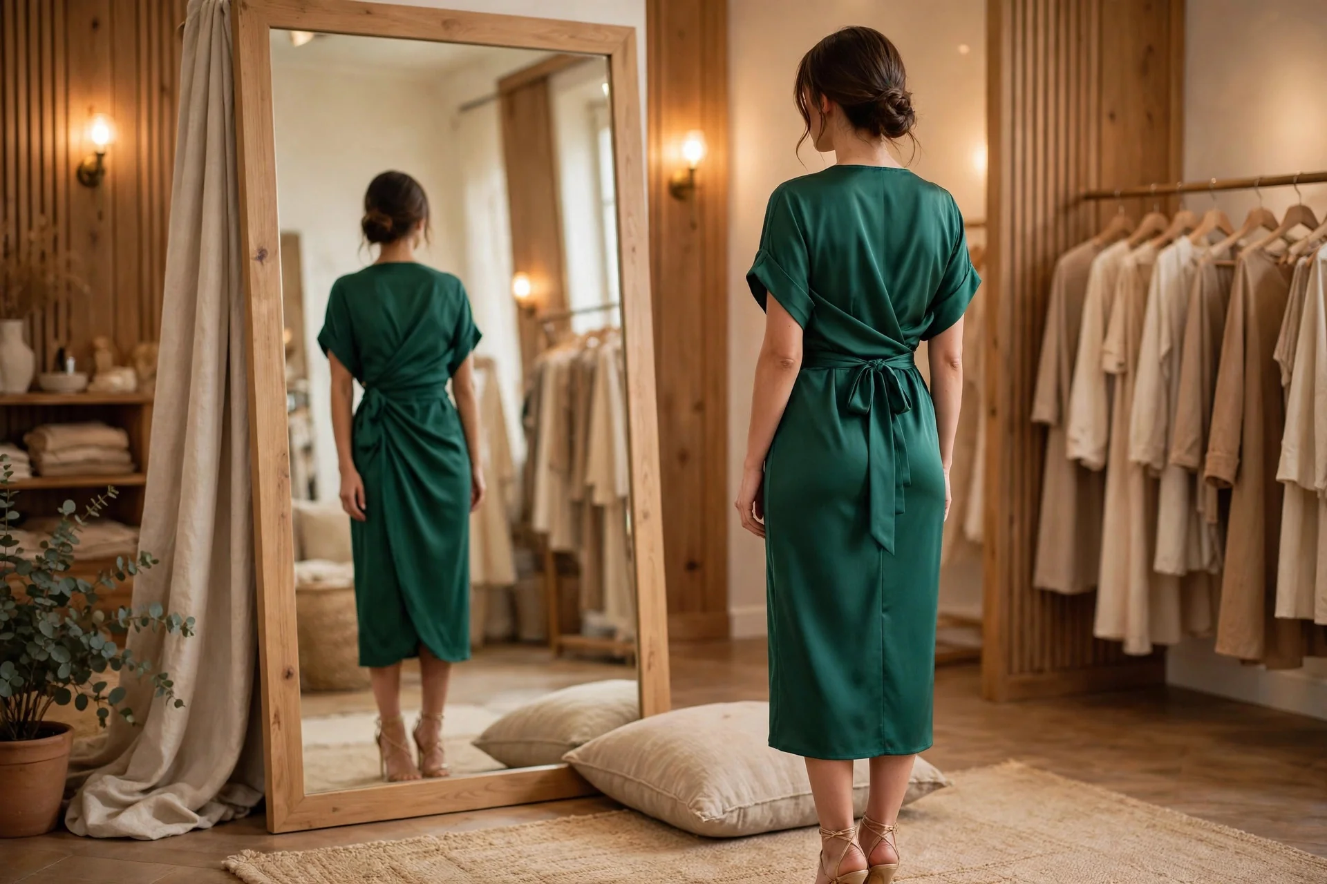 Woman in a well-fitted emerald wrap dress checking her reflection in a full-length mirror
