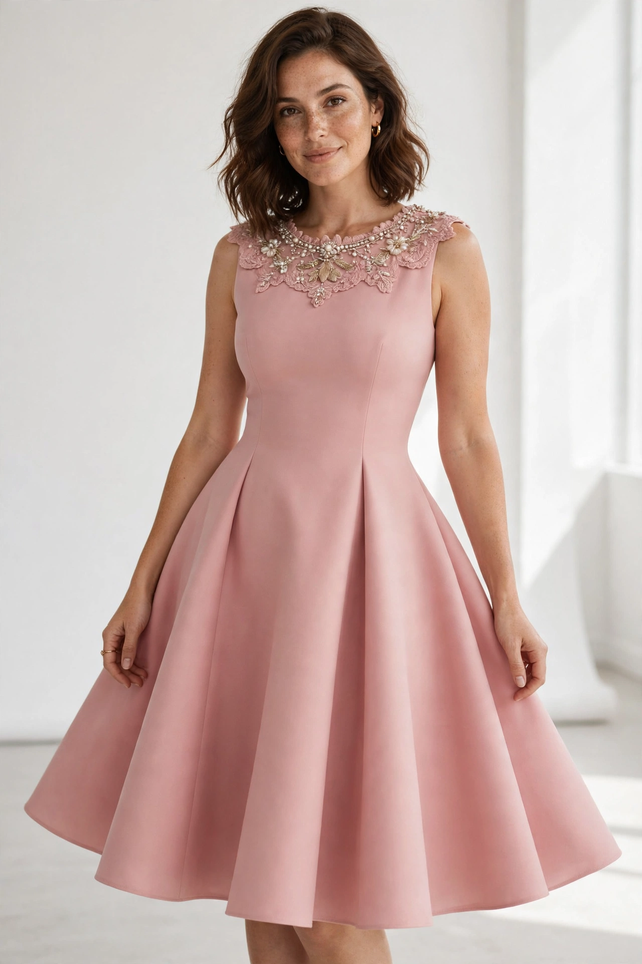 Woman with a pear body shape wearing a flattering A-line dress that draws the eye upward