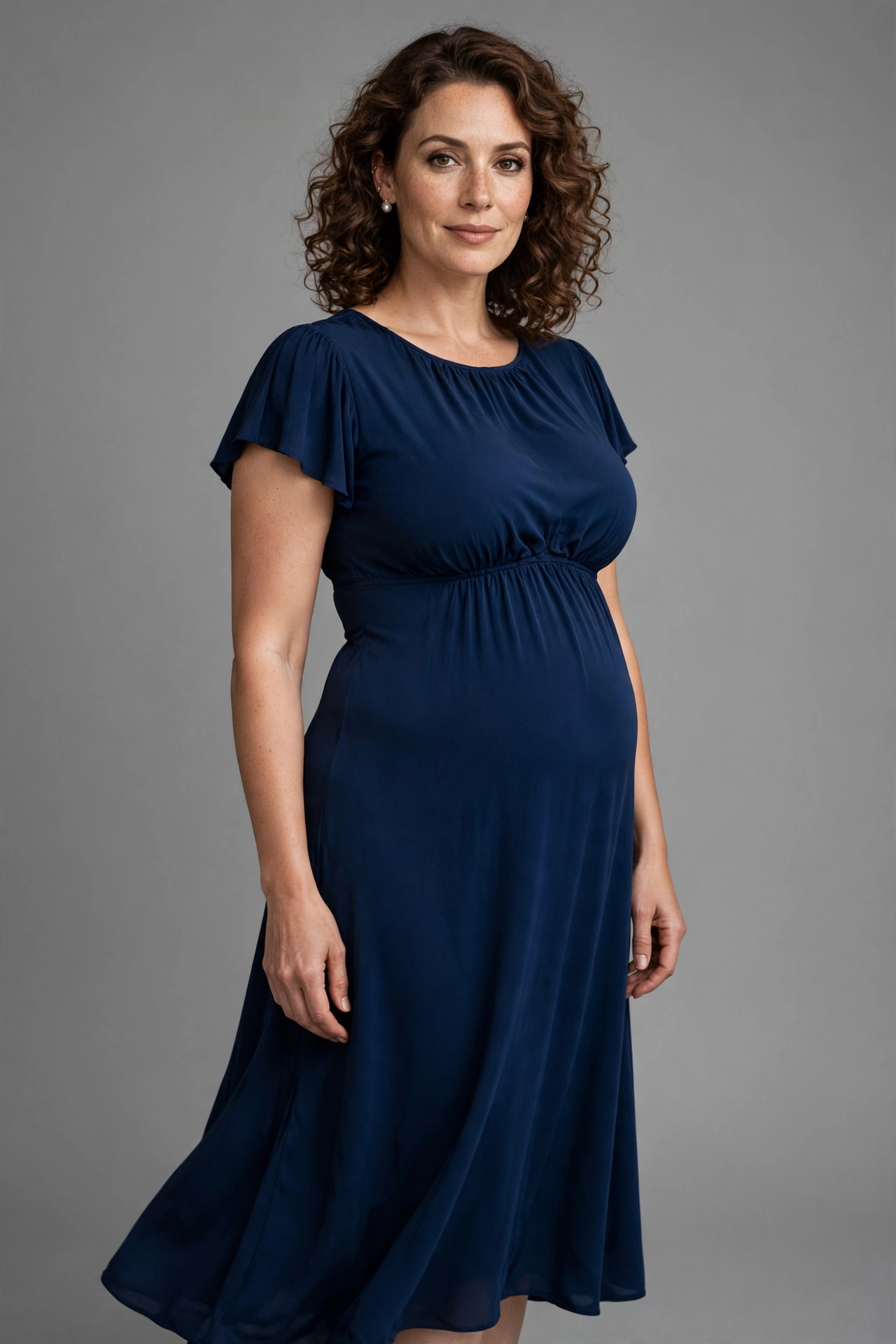 Woman with an apple body shape wearing an empire-waist dress that defines and elongates