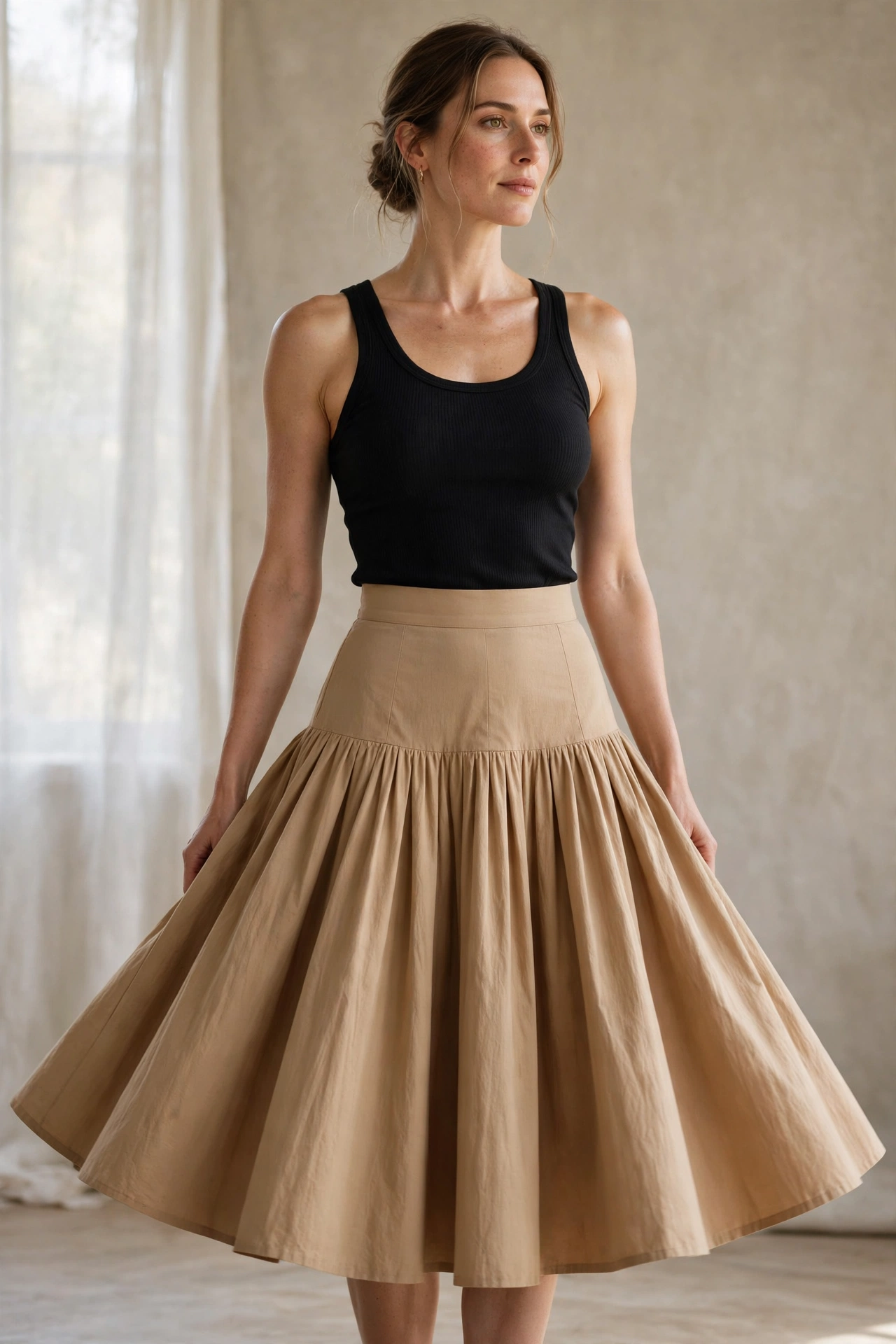 Woman with an inverted triangle shape wearing a flared midi skirt that balances below