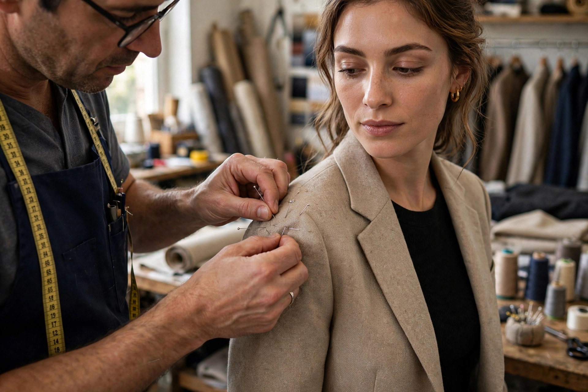 Tailor adjusting the fit of a blazer, showing why perfect fit matters for every body type