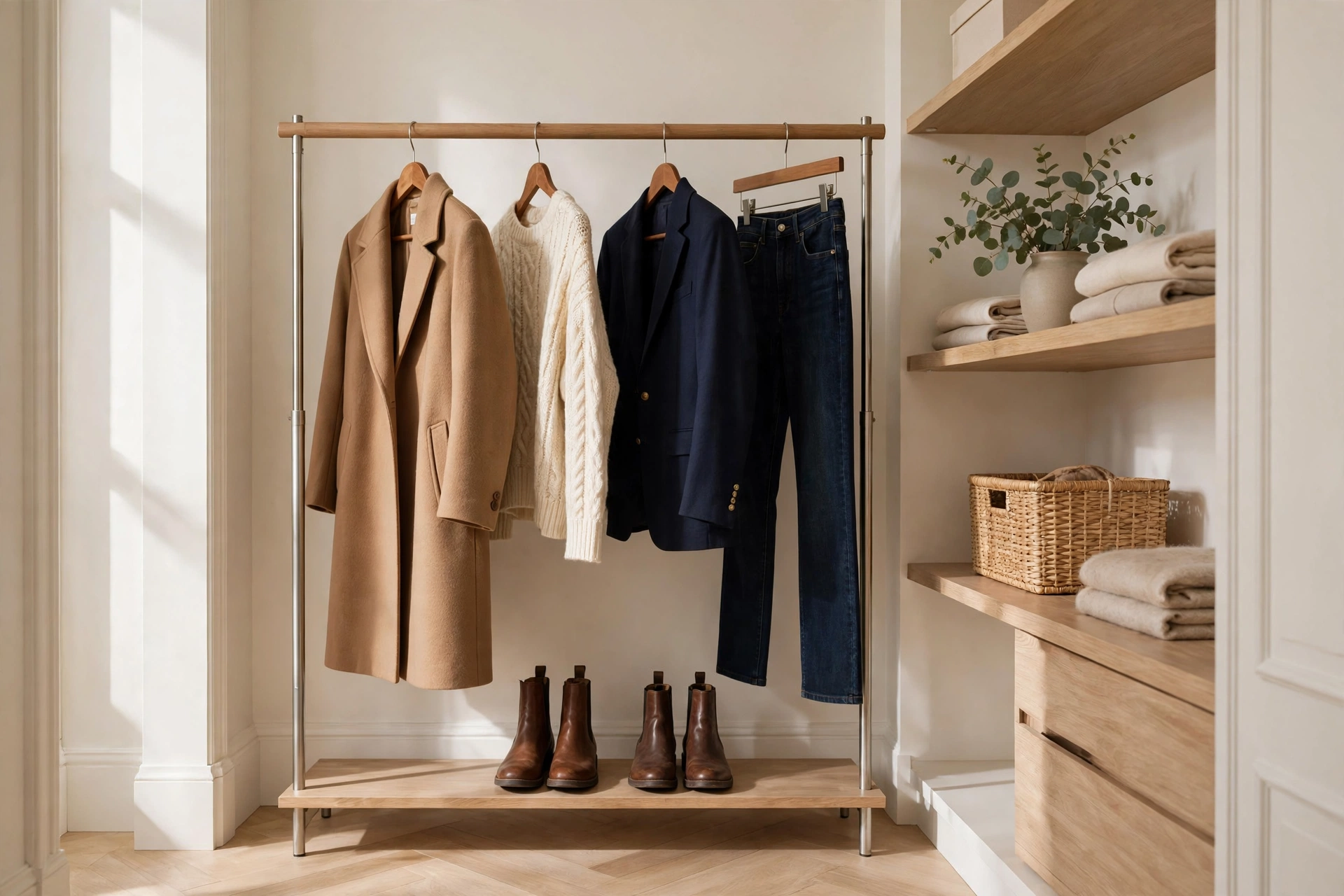Curated minimal fall capsule wardrobe rail with neutral autumn pieces