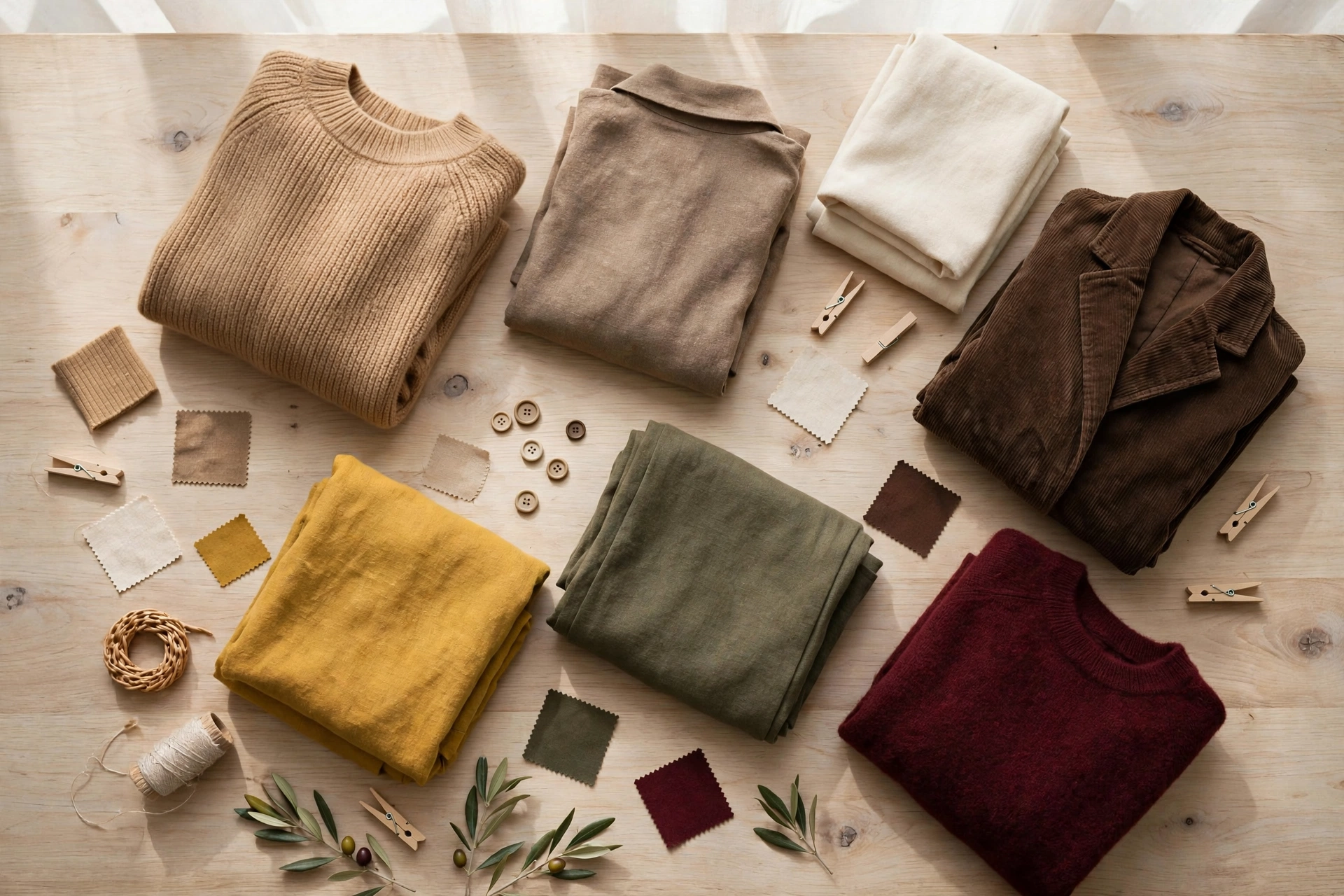 Flat lay of autumn color palette fabrics: camel, taupe, burgundy, olive and cream