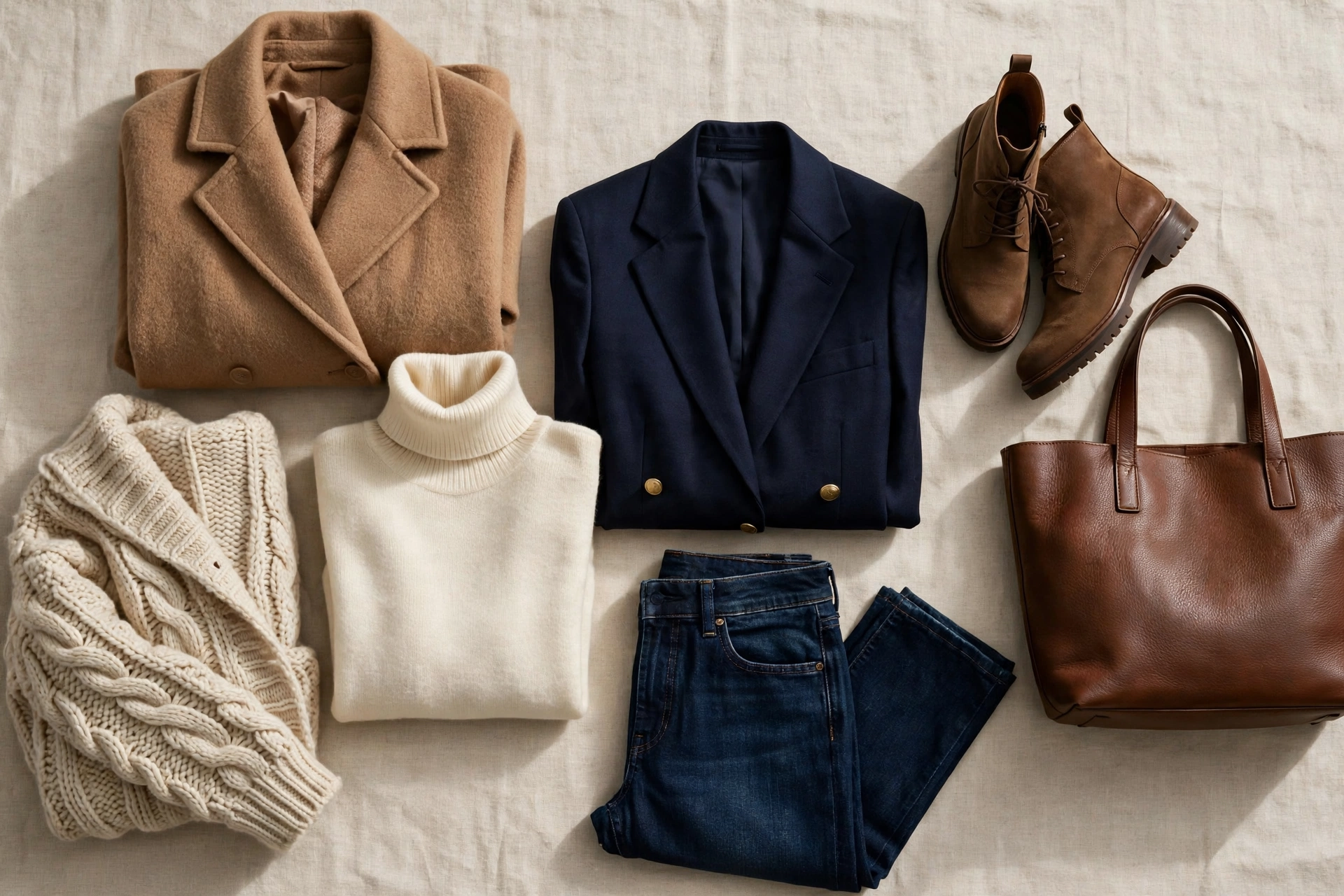 Essential fall wardrobe pieces arranged: wool coat, blazers, knits, boots and jeans