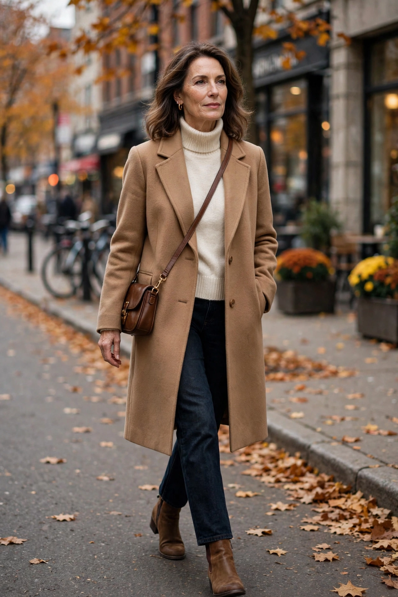 Woman over 50 in a cream turtleneck, dark jeans and camel coat street style