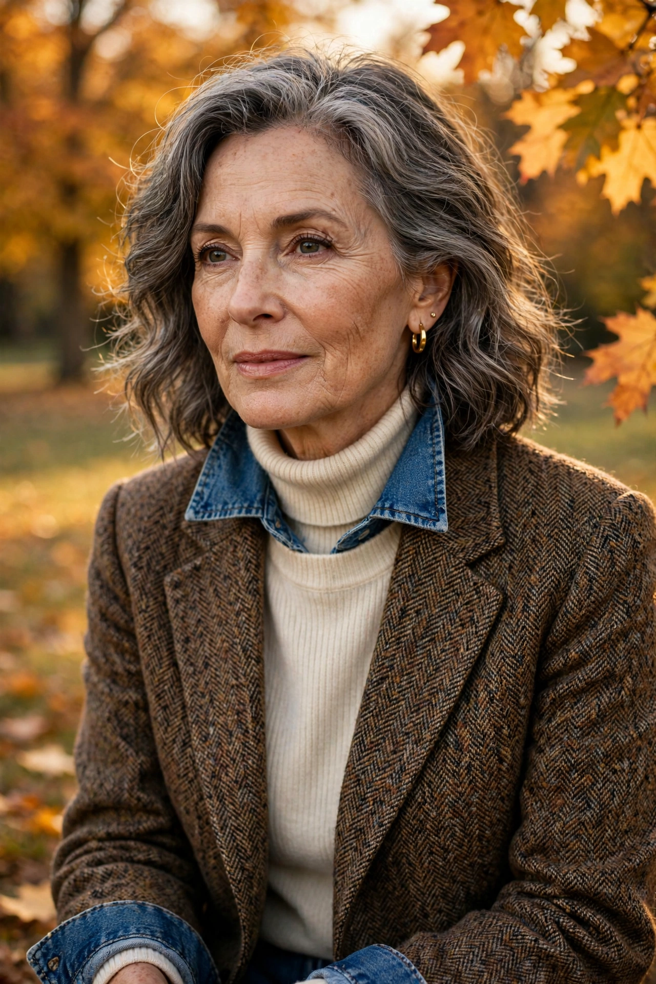 Woman in her 60s layering a blazer over a turtleneck and shirt in autumn