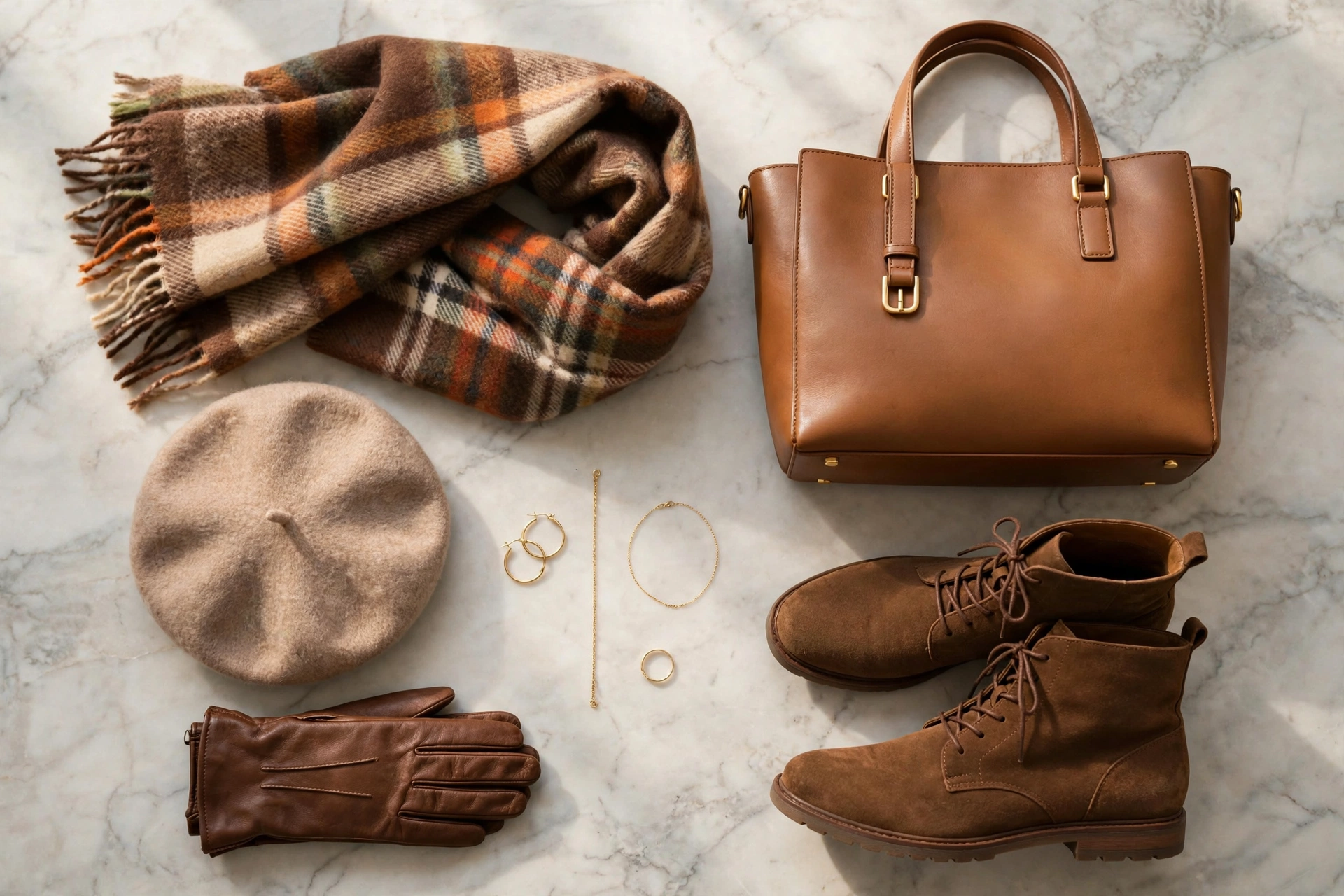 Fall accessories flat lay: wool scarf, leather tote, boots, gold jewelry and beret