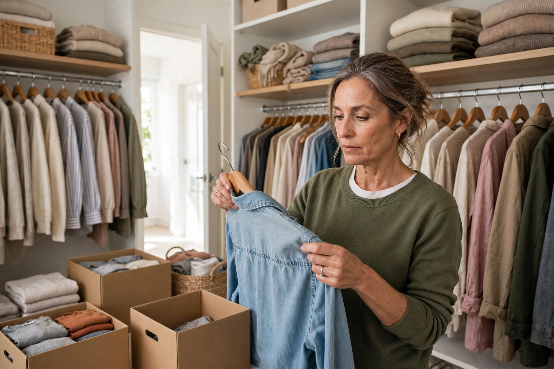 Woman over 50 decluttering her closet, removing unworn clothes