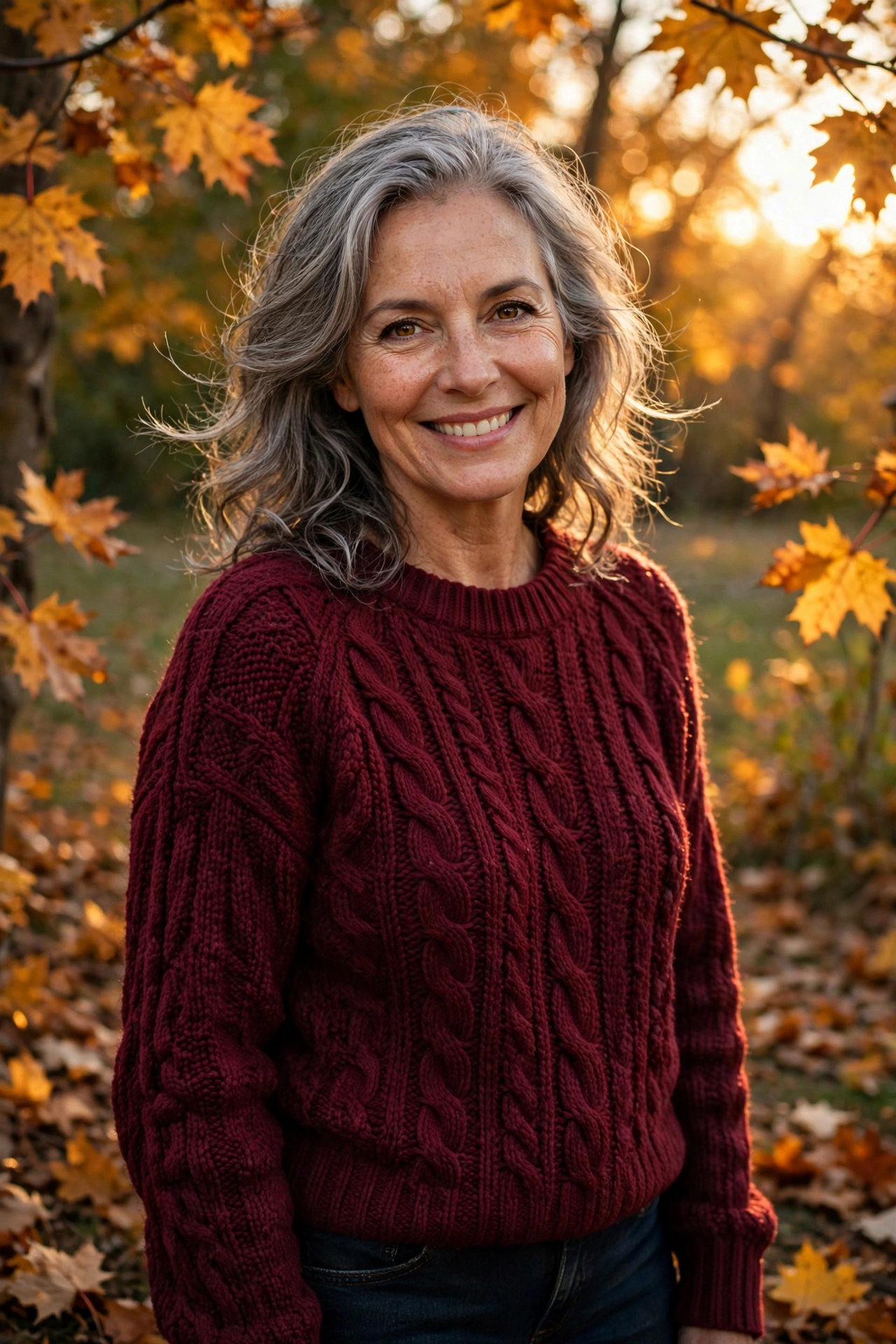 Smiling woman over 50 in a burgundy knit and dark jeans in golden autumn light
