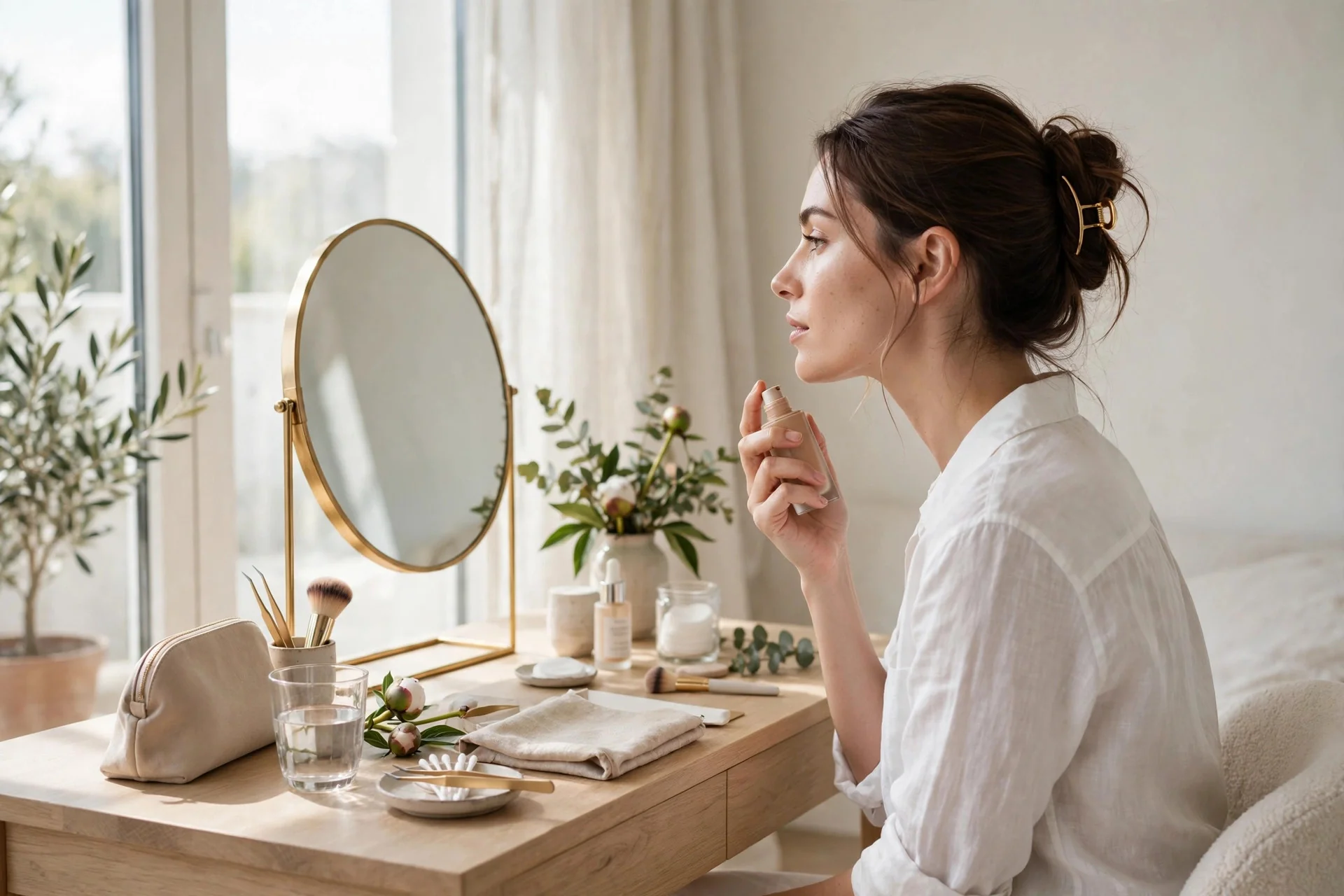 Testing foundation on the jawline in natural daylight at a vanity