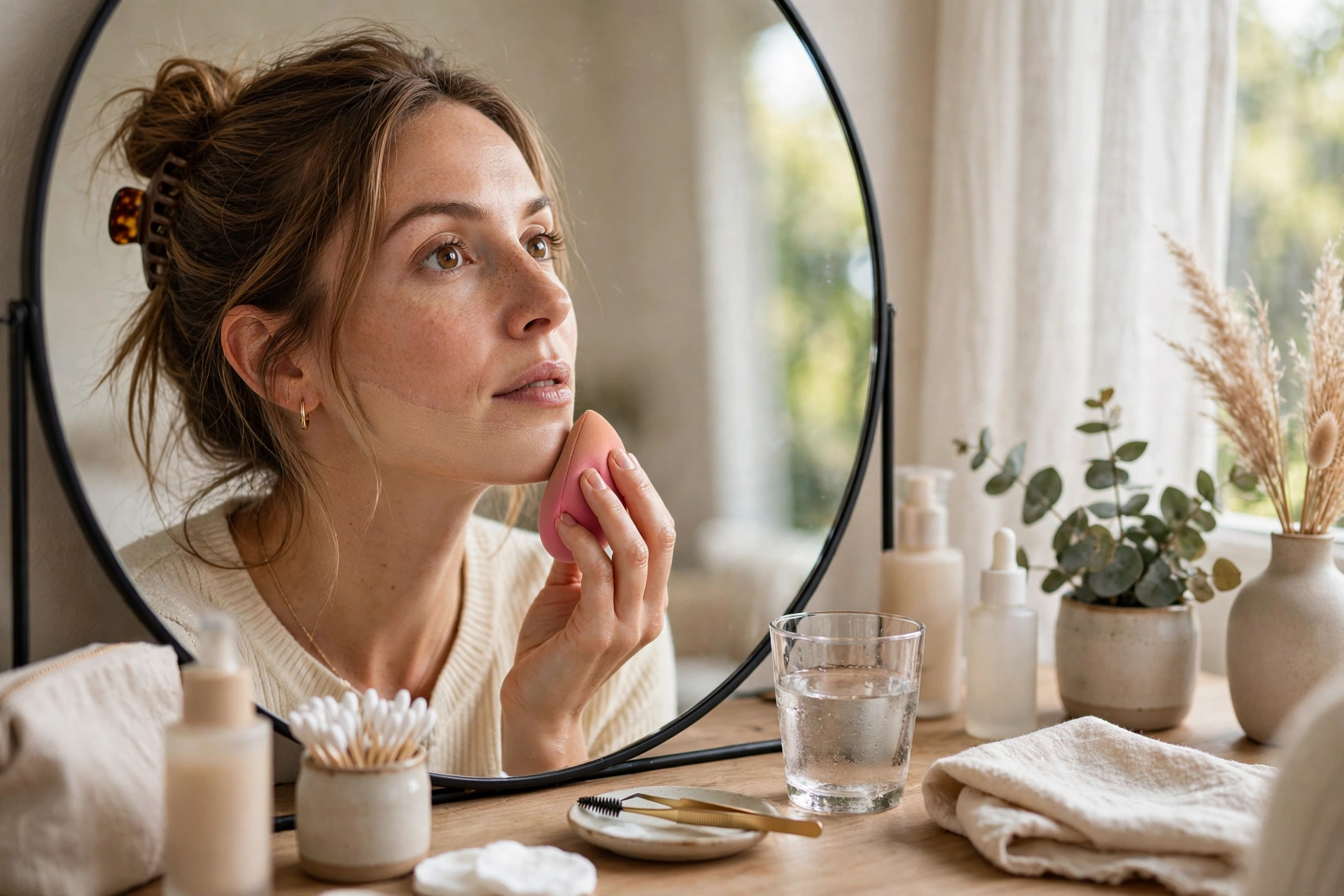 Blending foundation along the jawline with a beauty sponge for the jawline shade test