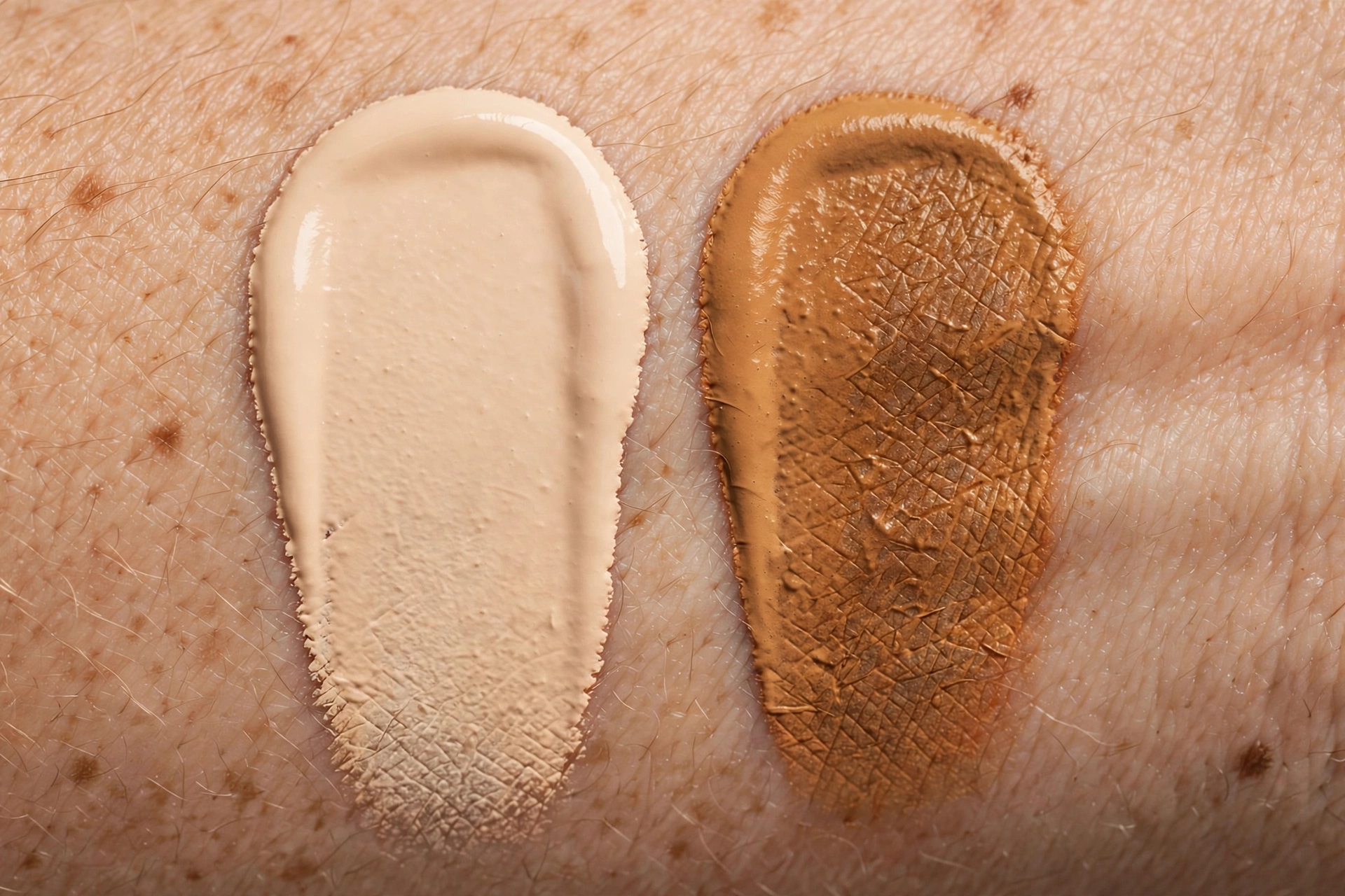 Side-by-side foundation swatches showing how oxidization darkens foundation on skin