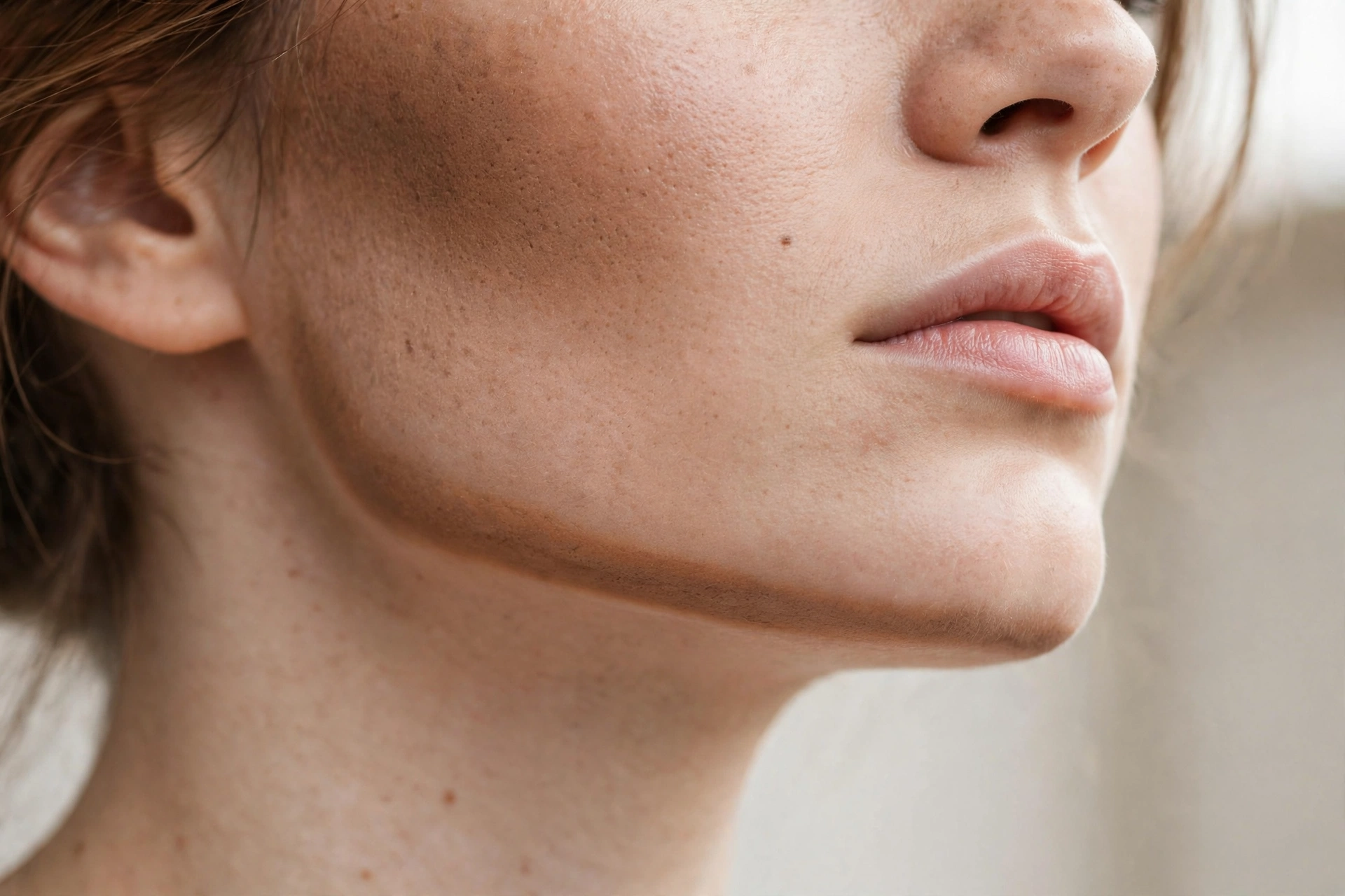 Visible foundation line at the jawline showing the mistake of choosing the wrong shade