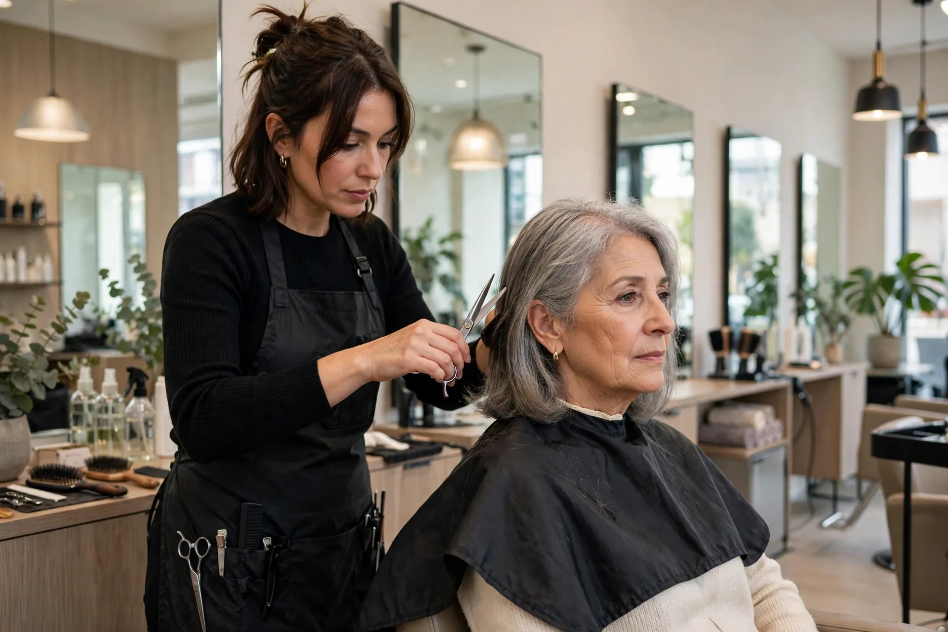 Woman getting her hair cut at a salon