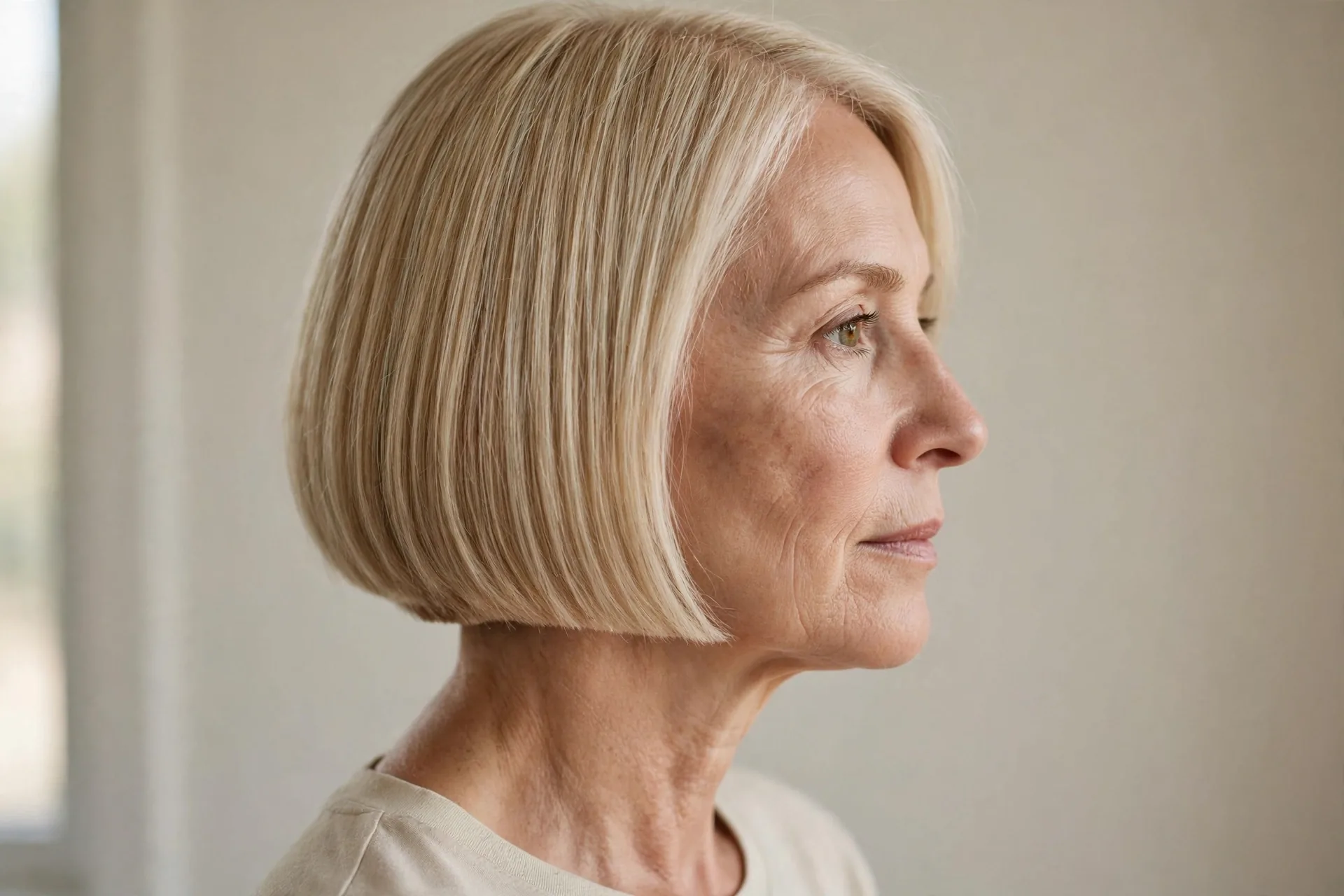 Woman with fine blonde hair in a blunt bob