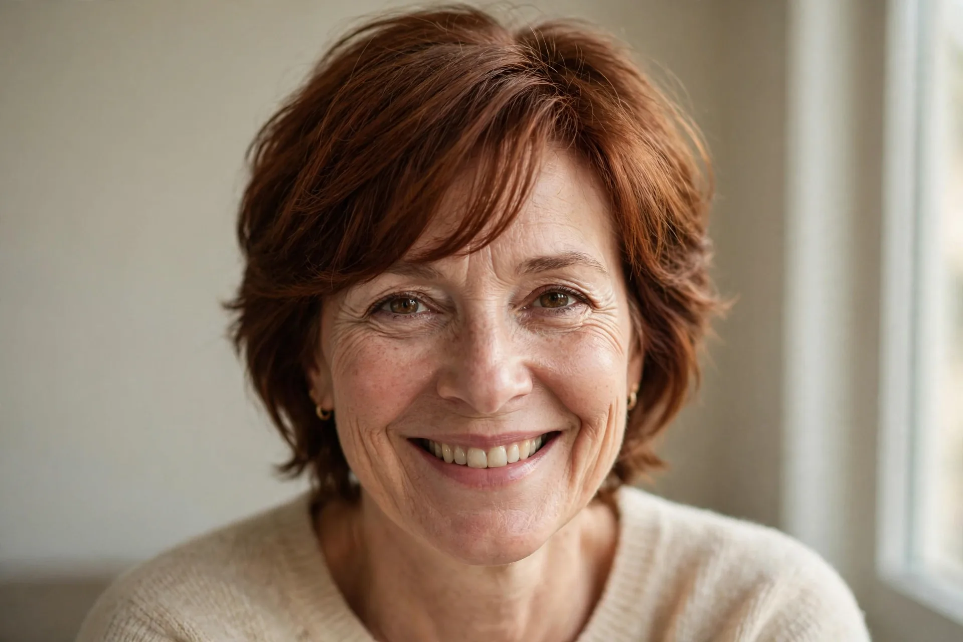 Woman with a chic short haircut and side-swept fringe
