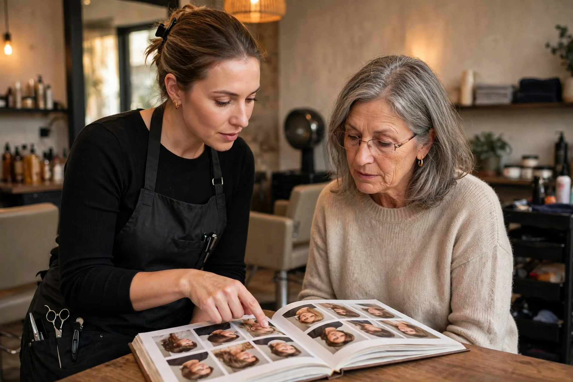 Hairstylist consulting with a client in a salon