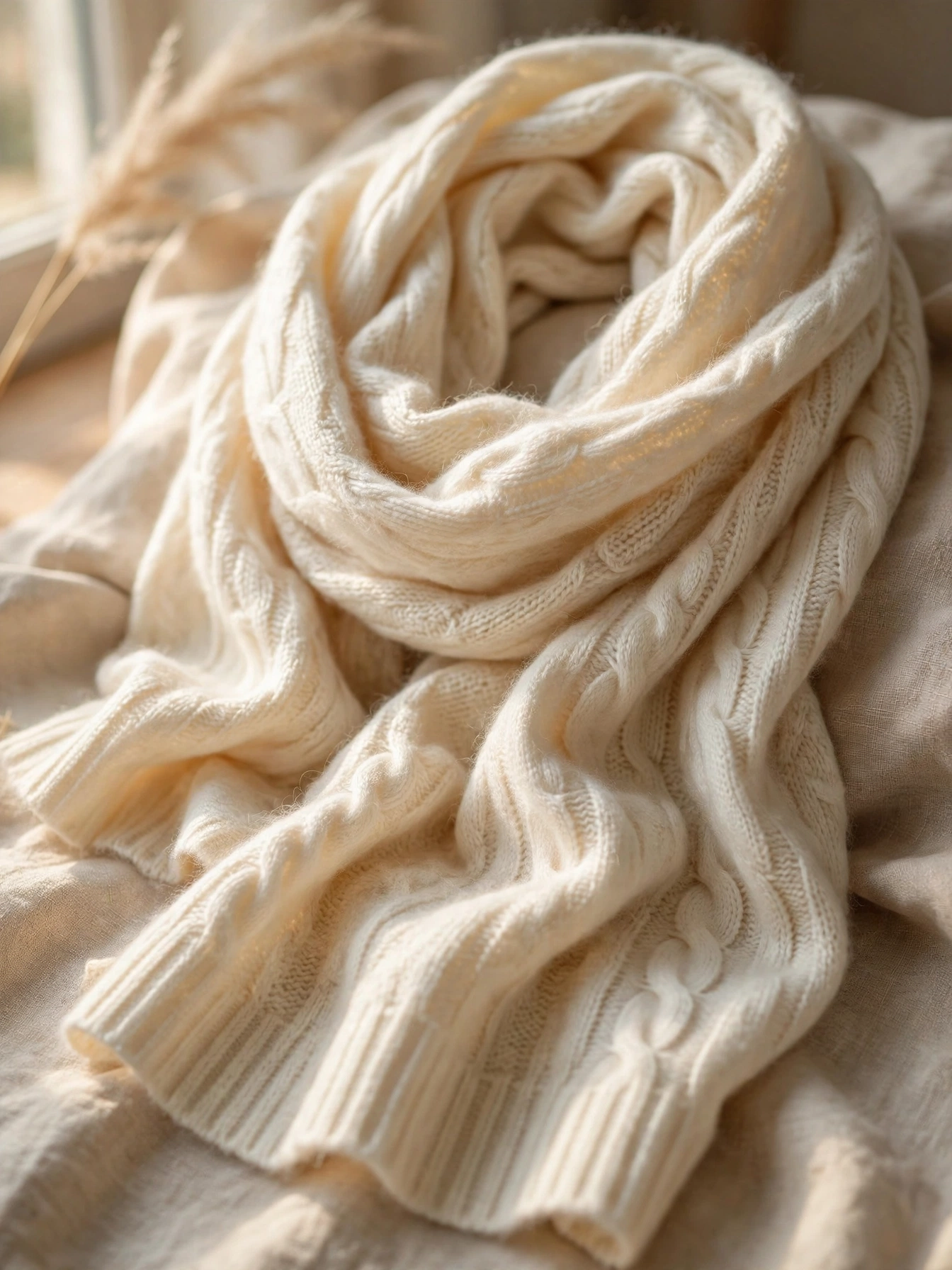 Soft cream cashmere-feel scarf draped elegantly, a cozy Christmas gift for her