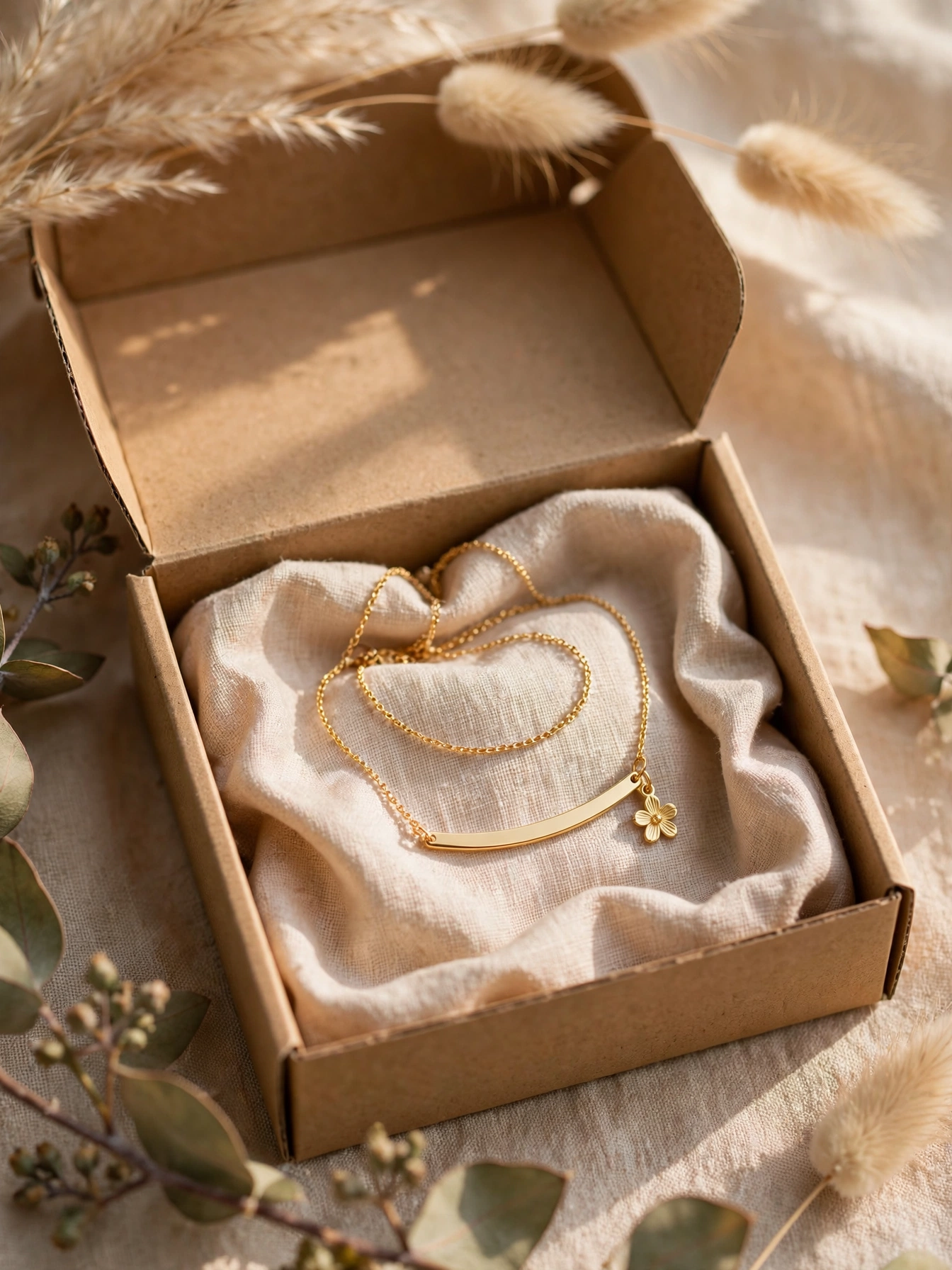 Delicate gold personalized name necklace with birth flower charm in a gift box