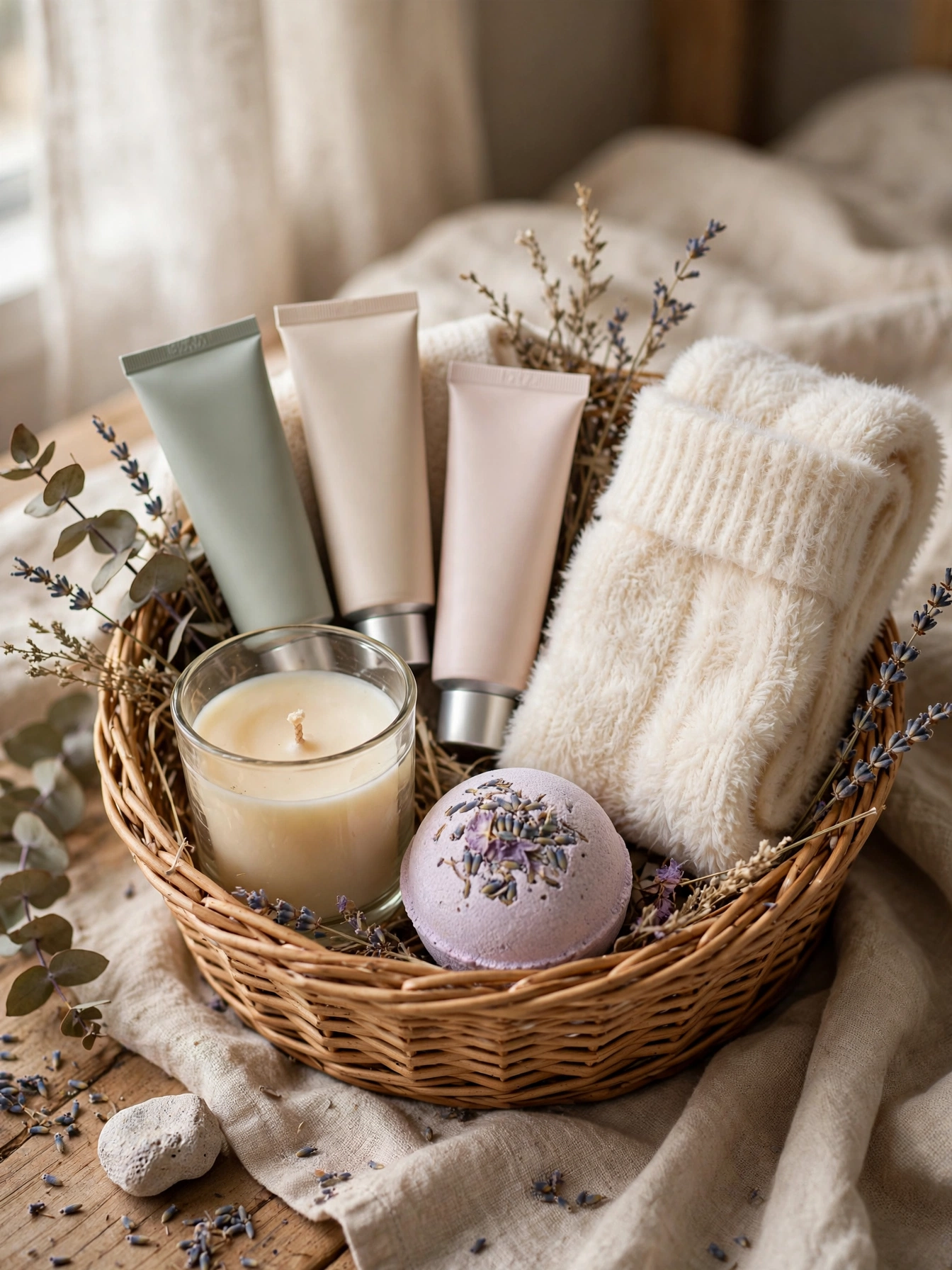 Spa gift basket with hand cream, candle, fuzzy socks and bath bomb for Christmas