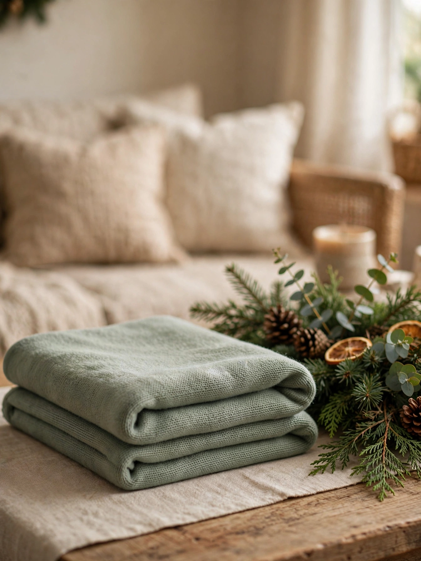 Sage green Bedsure Christmas throw blanket folded beside festive greenery
