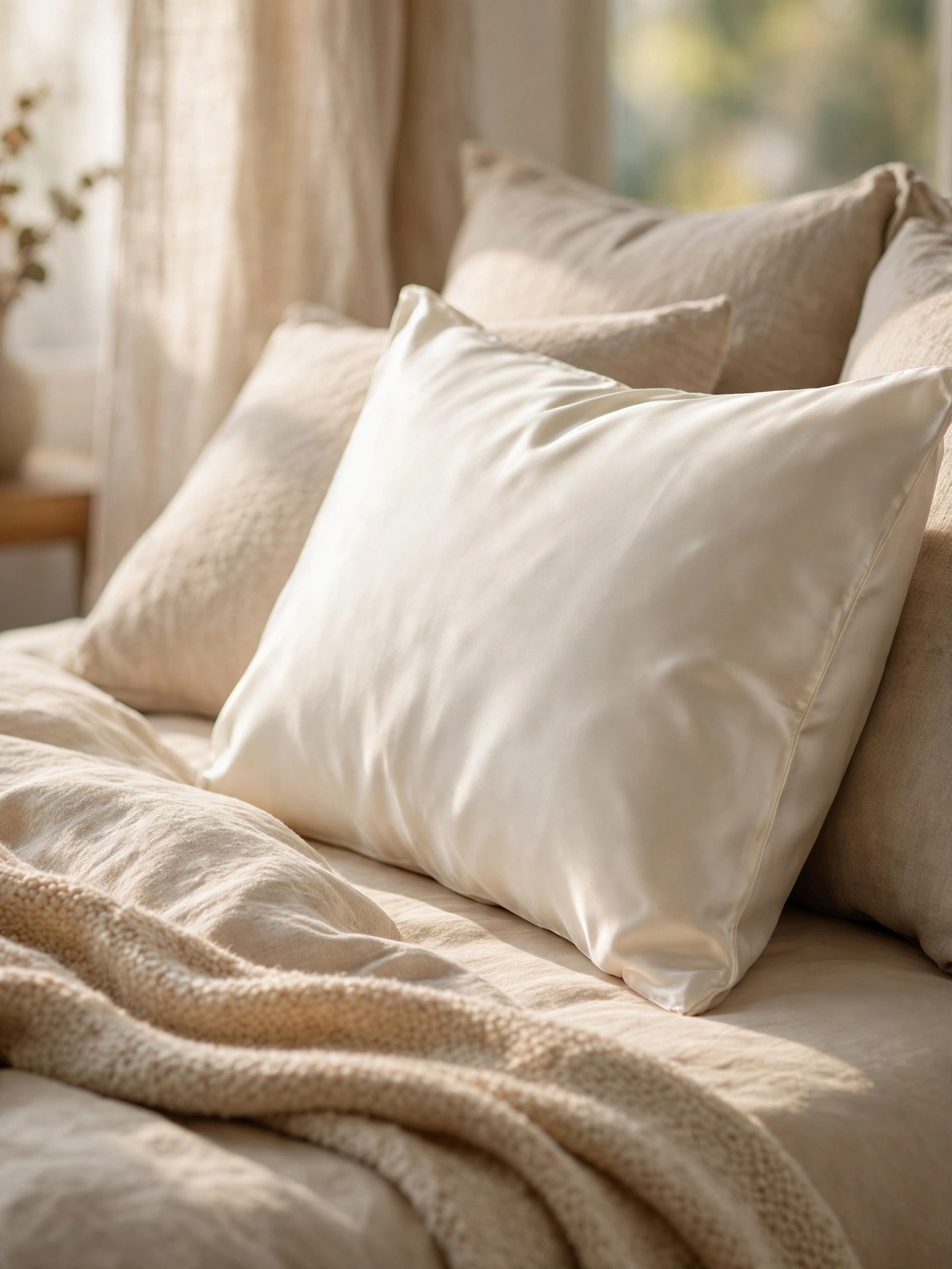 Ivory mulberry silk pillowcase on a bed in soft morning light